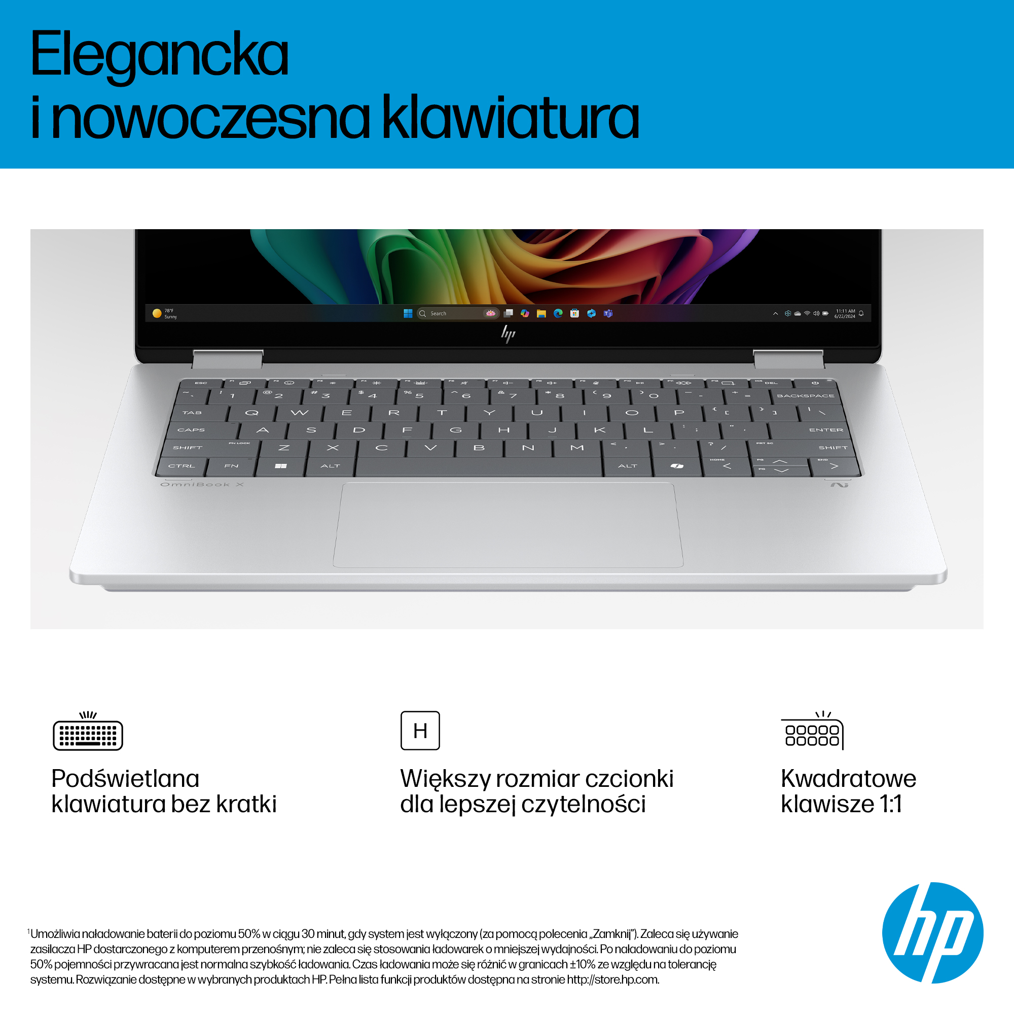 Laptop z klawiaturą. Cechy: podświetlane klawisze, większy rozmiar czcionki, kwadratowe klawisze.