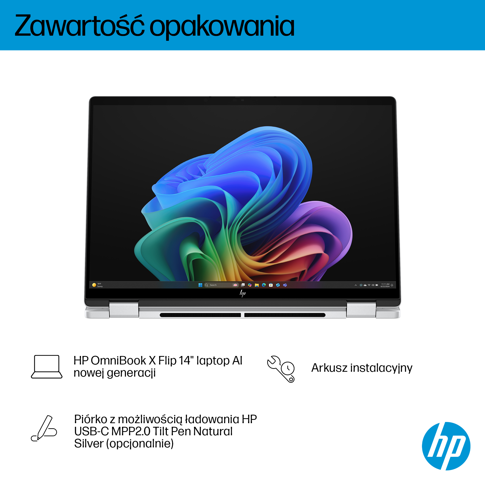 Obraz przedstawia laptop HP z kolorową, abstrakcyjną tapetą i akcesoriami. W zestawie pióro i arkusz instalacyjny.
