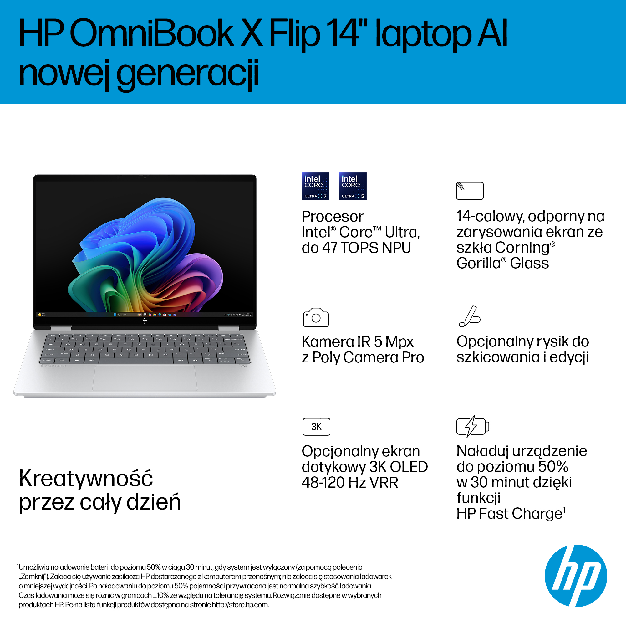 Laptop HP OmniBook X Flip 14. Funkcje: Intel Core Ultra, ekran 3K OLED i szybkie ładowanie.