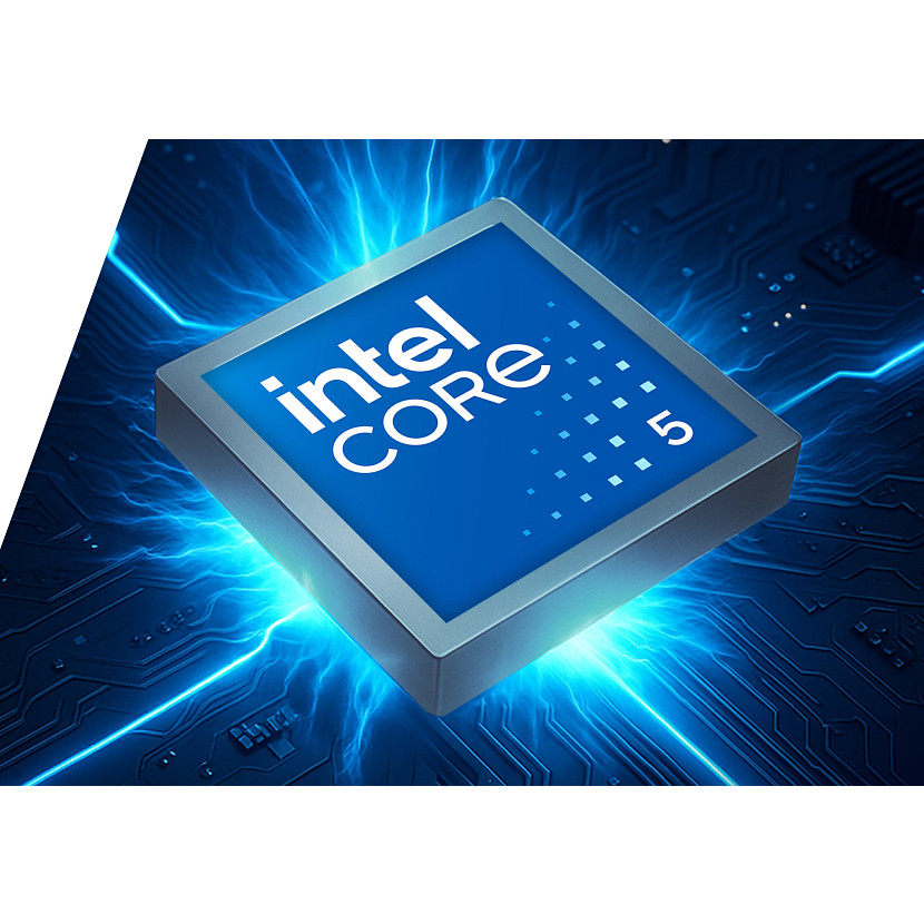 Procesor Intel Core i5 na niebieskiej płytce drukowanej. Procesor jest niebieski z logo Intel Core i5. Niebieskie błyskawice.