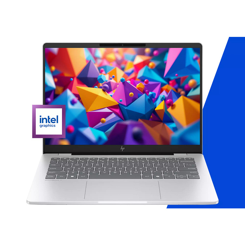 Srebrny laptop z kolorowymi geometrycznymi kształtami na ekranie. Logo Intel graphics po lewej stronie, białe tło z niebieskim.