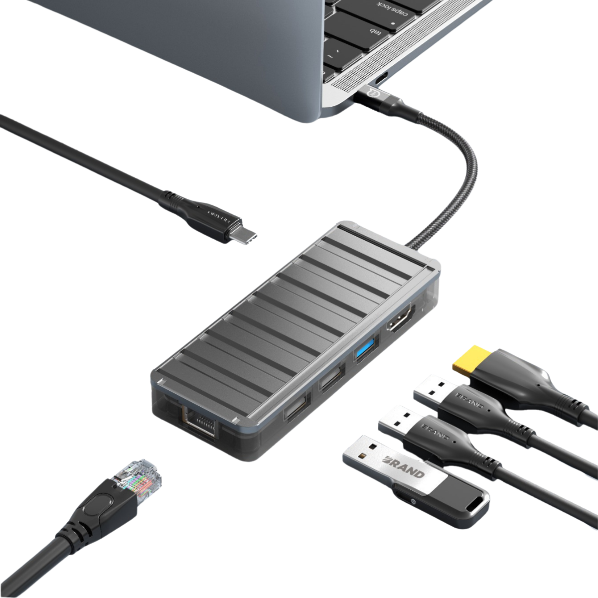 Çoklu kablolar ve USB sürücülerle bir hub'a bağlı bir dizüstü bilgisayar. Kablolar arasında HDMI, USB ve Ethernet bulunur.