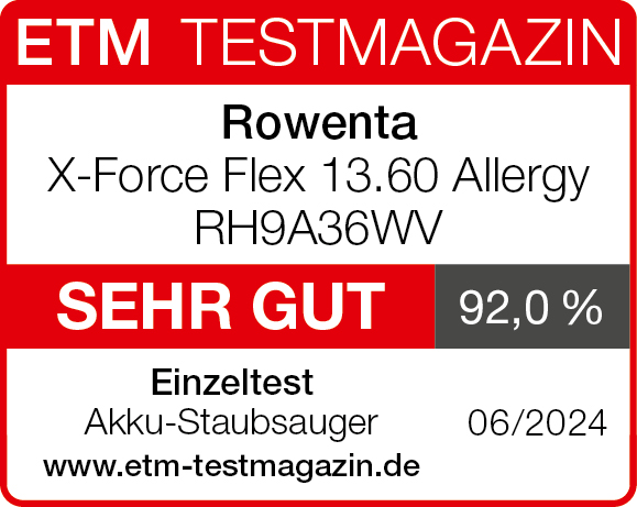 ETM Testmagazin zeigt einen Rowenta Staubsauger mit der Bewertung 'Sehr Gut' von 92 %, getestet im 06/2024.