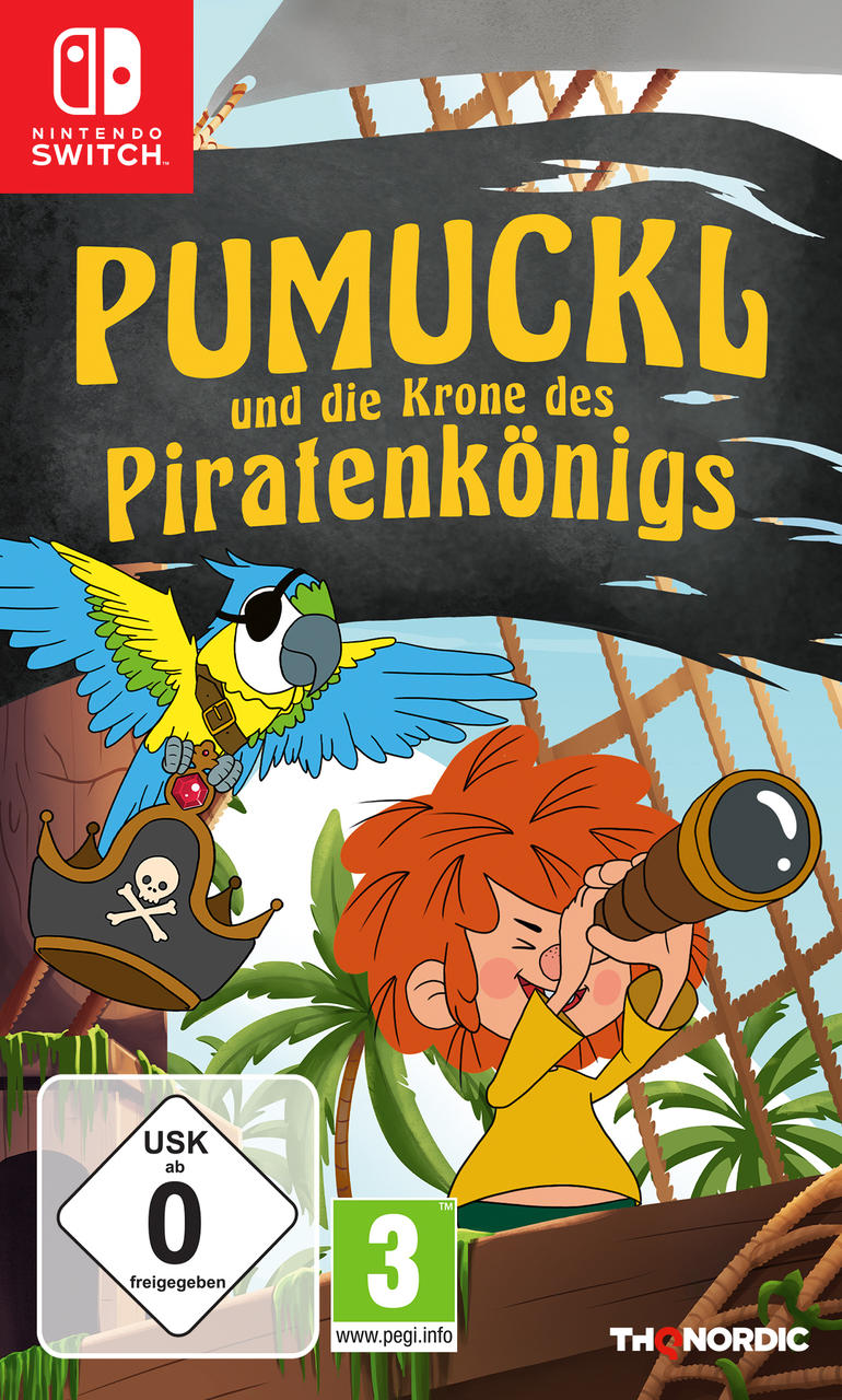 Cover-Art für "Pumuckl und die Krone des Piratenkönigs". Ein Junge schaut durch ein Teleskop. Ein Papagei und ein Piratenhut sind abgebildet.