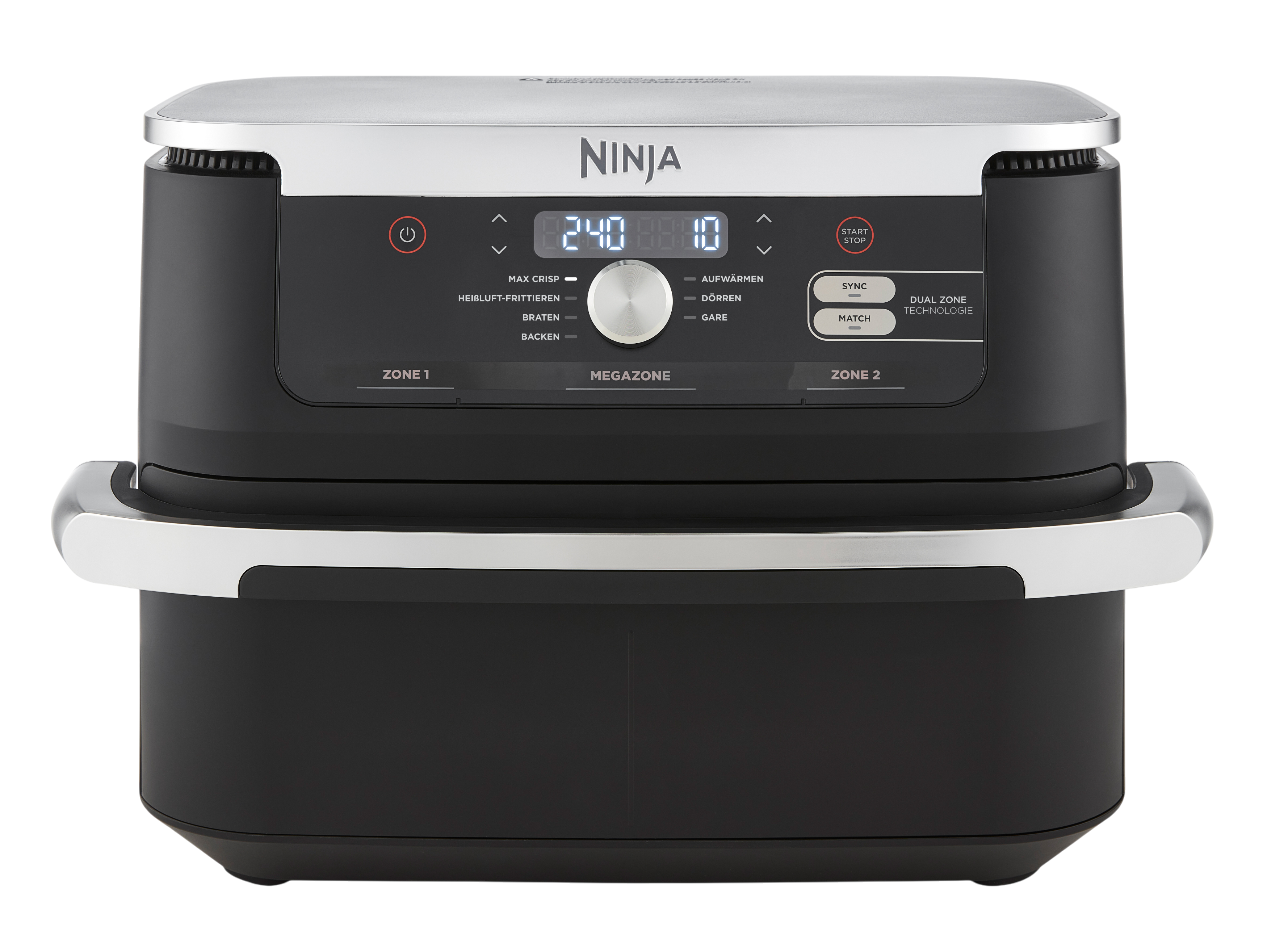 Ninja Heißluftfritteuse. Schwarz und Silber, mit Digitalanzeige. Kochmodi-Bedienelemente sichtbar.