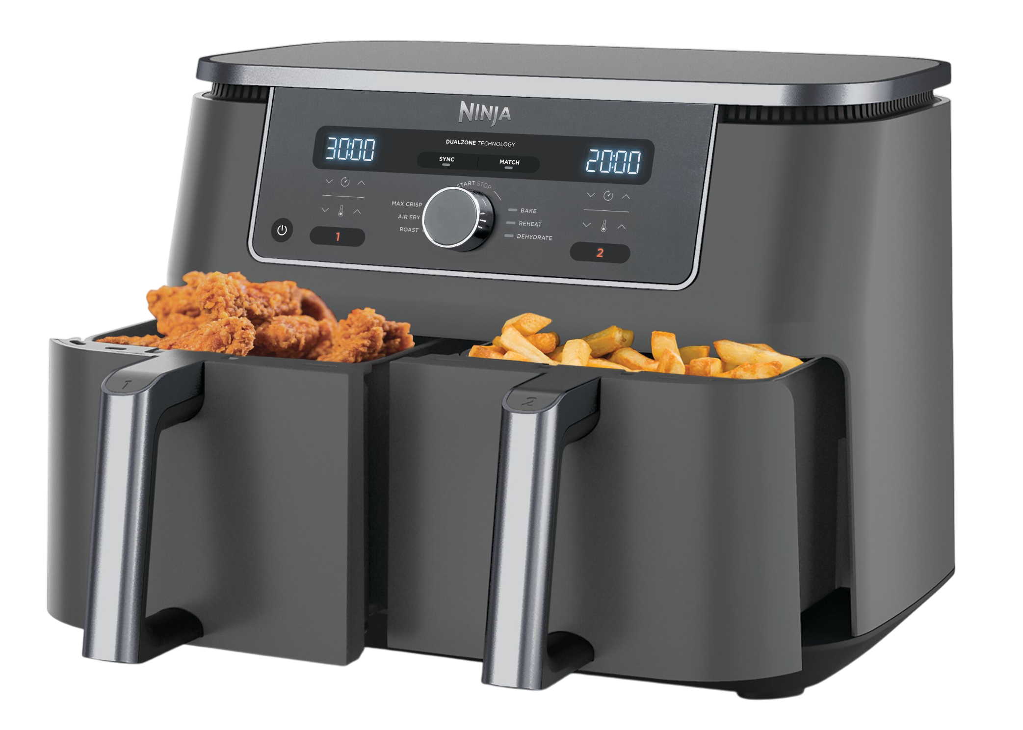 Ninja-Heißluftfritteuse mit Hähnchen und Pommes in separaten Körben. Anzeigen zeigen 30:00 und 20:00. Bedienfeld in der Mitte.