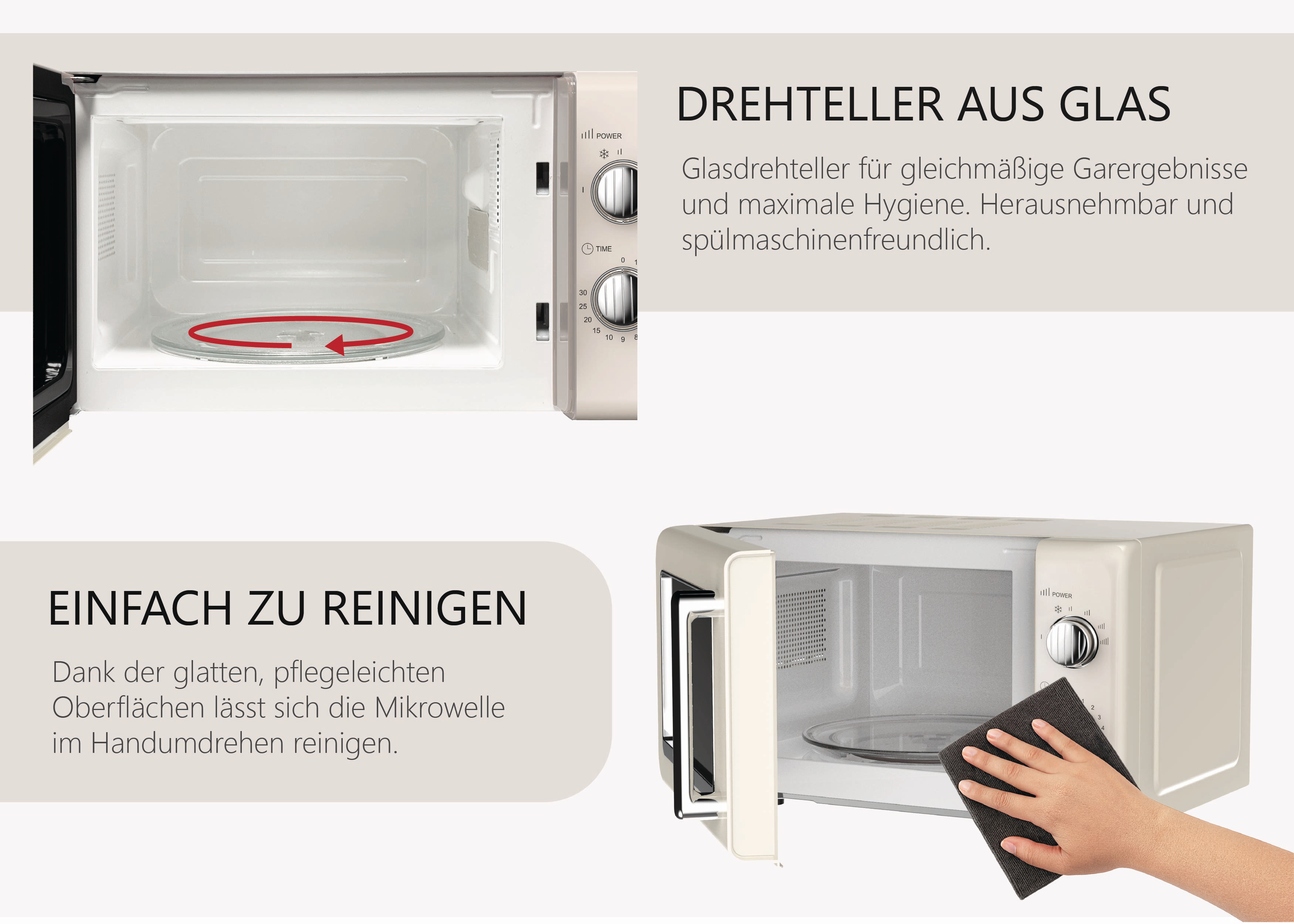 Eine Mikrowelle ist geöffnet. Eine Hand hält ein Reinigungstuch. Im Inneren befindet sich eine Glasplatte.