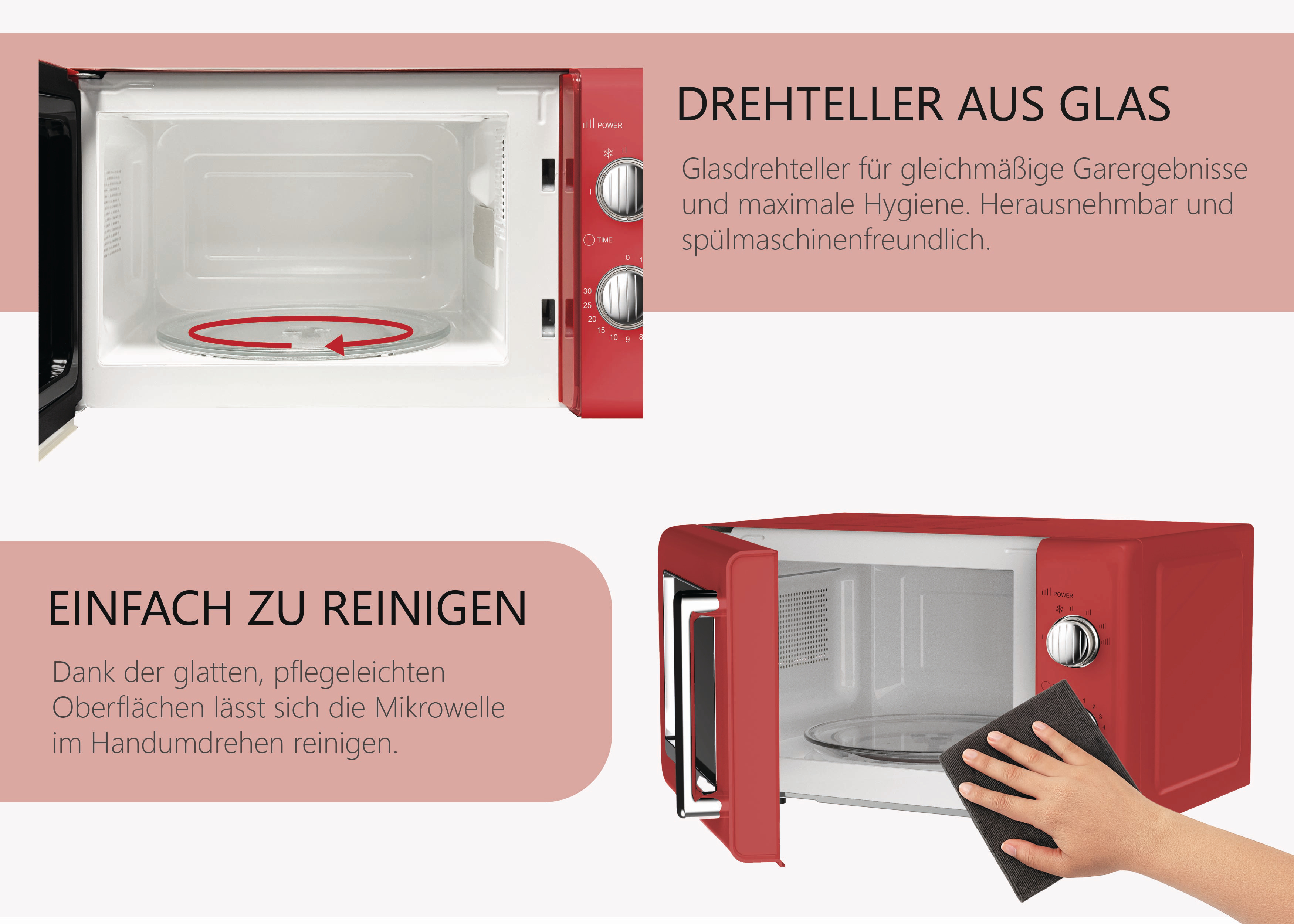 Rote Mikrowelle mit offener Tür, die eine Glasplatte im Inneren zeigt. Eine Hand reinigt die Mikrowelle.