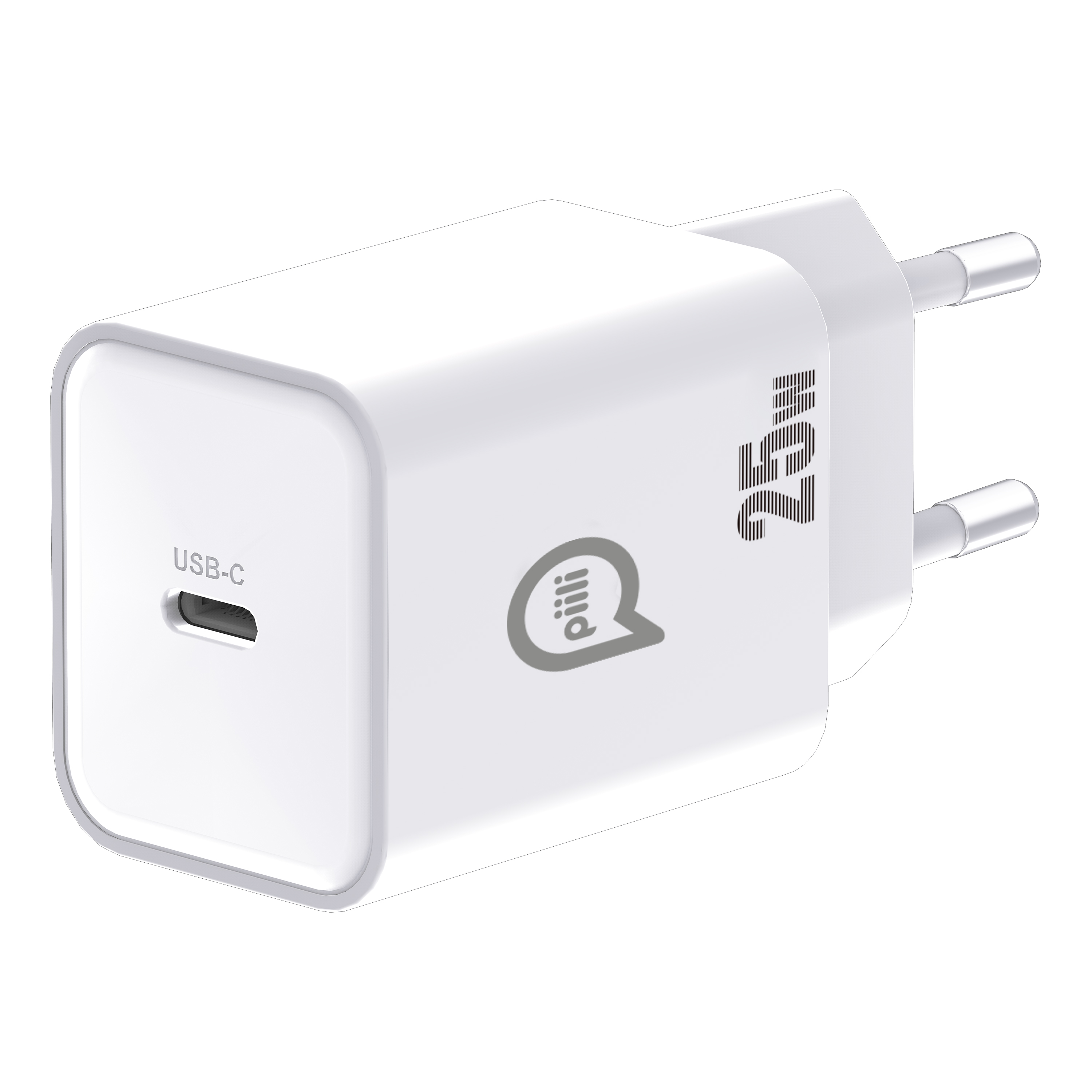 Gri konturlu beyaz bir USB-C şarj cihazı. Bir logo ve yan tarafında '25W' yazısı var.