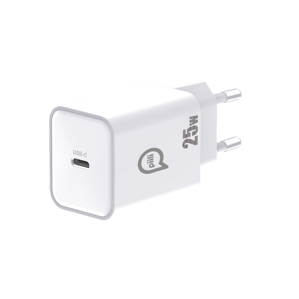 Fişli beyaz bir USB-C şarj cihazı. 'piii' logosu, '25W' işareti ve 'USB-C' etiketi var.