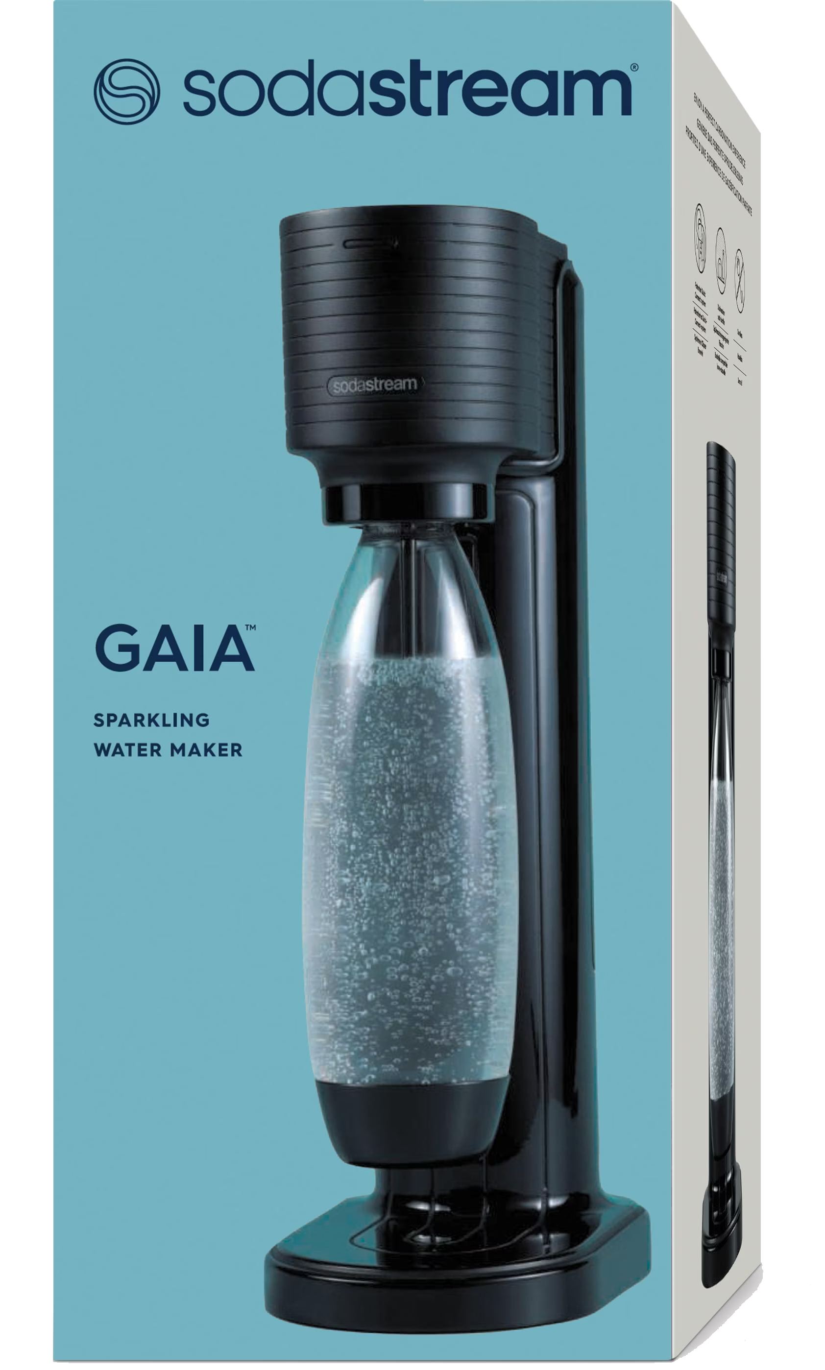 Ein schwarzer SodaStream Gaia Sprudelwasserbereiter. Er hat eine Wasserflasche und befindet sich auf hellblauem Hintergrund.