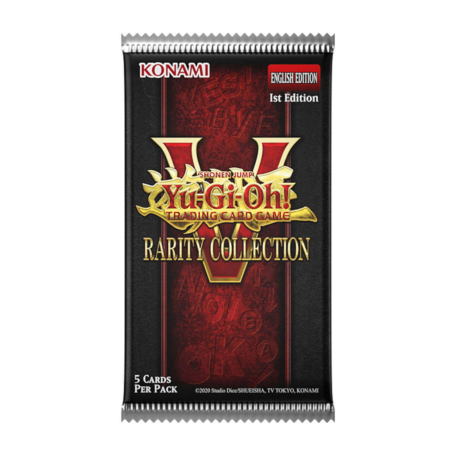 Un pacchetto di carte di Yu-Gi-Oh!. Ha il logo del gioco, il testo 'Rarity Collection' e 'English Edition'. Schema di colori nero e rosso.