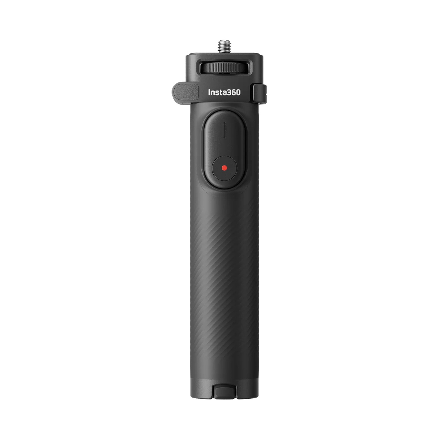 Un selfie stick Insta360 nero. Ha un pulsante con un punto rosso, un'impugnatura strutturata e un attacco a vite.