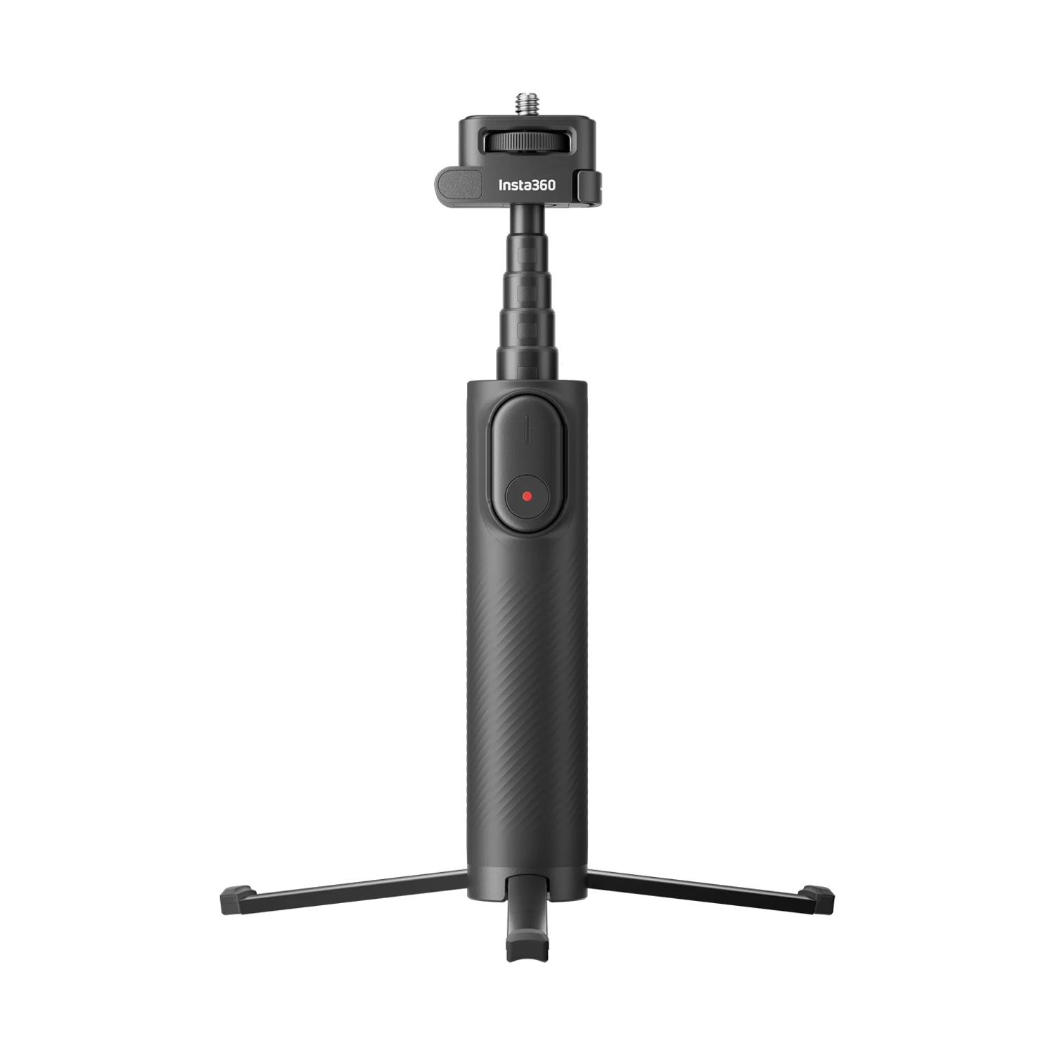 Un selfie stick Insta360 nero con base a treppiede. Ha un pulsante e una luce rossa. L'asta è estesa.
