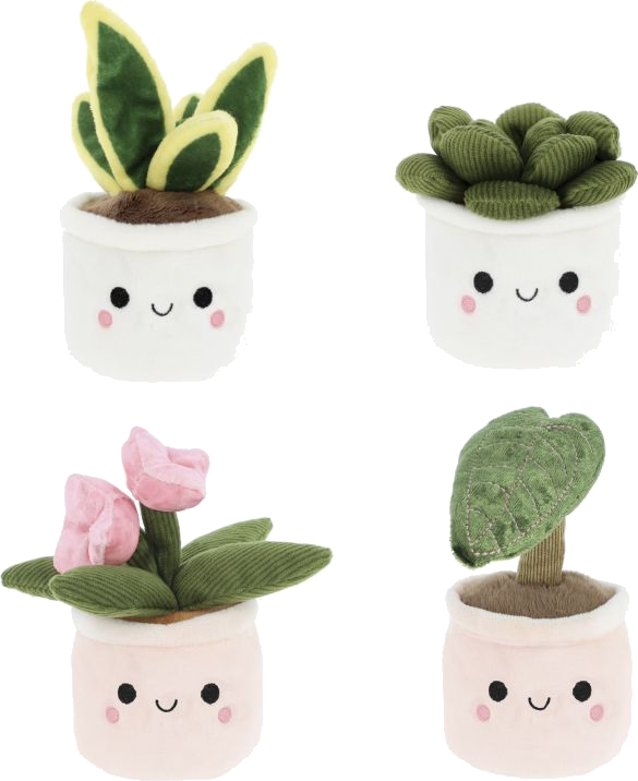 Vier Plüsch-Topfpflanzen mit Smiley-Gesichtern: Sansevieria, Sukkulente, rosa Tulpen und eine Pflanze mit grünem Blatt. Alle auf schwarzem Hintergrund.