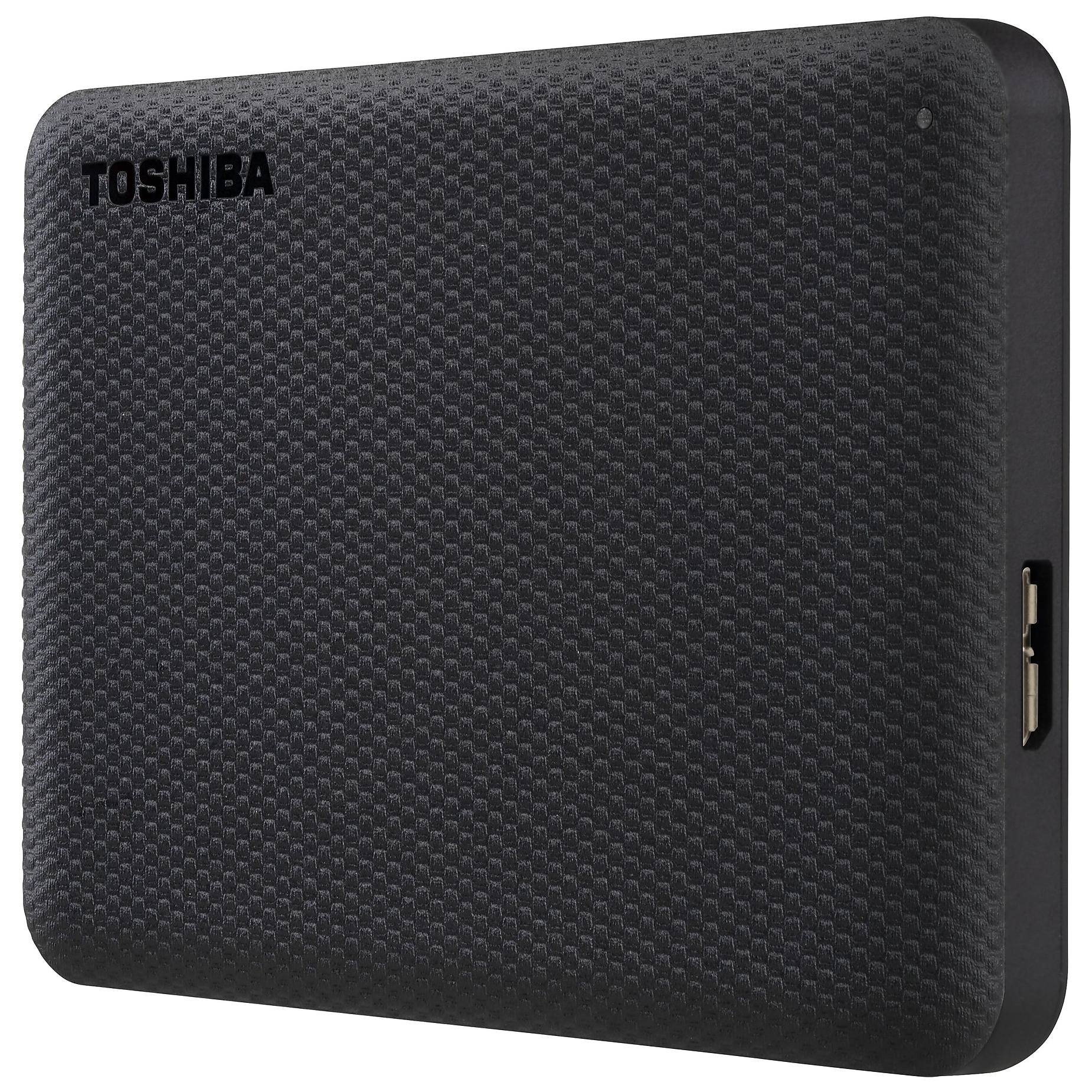 Czarny zewnętrzny dysk twardy Toshiba, teksturowana powierzchnia, widoczna nazwa marki. Posiada port USB.