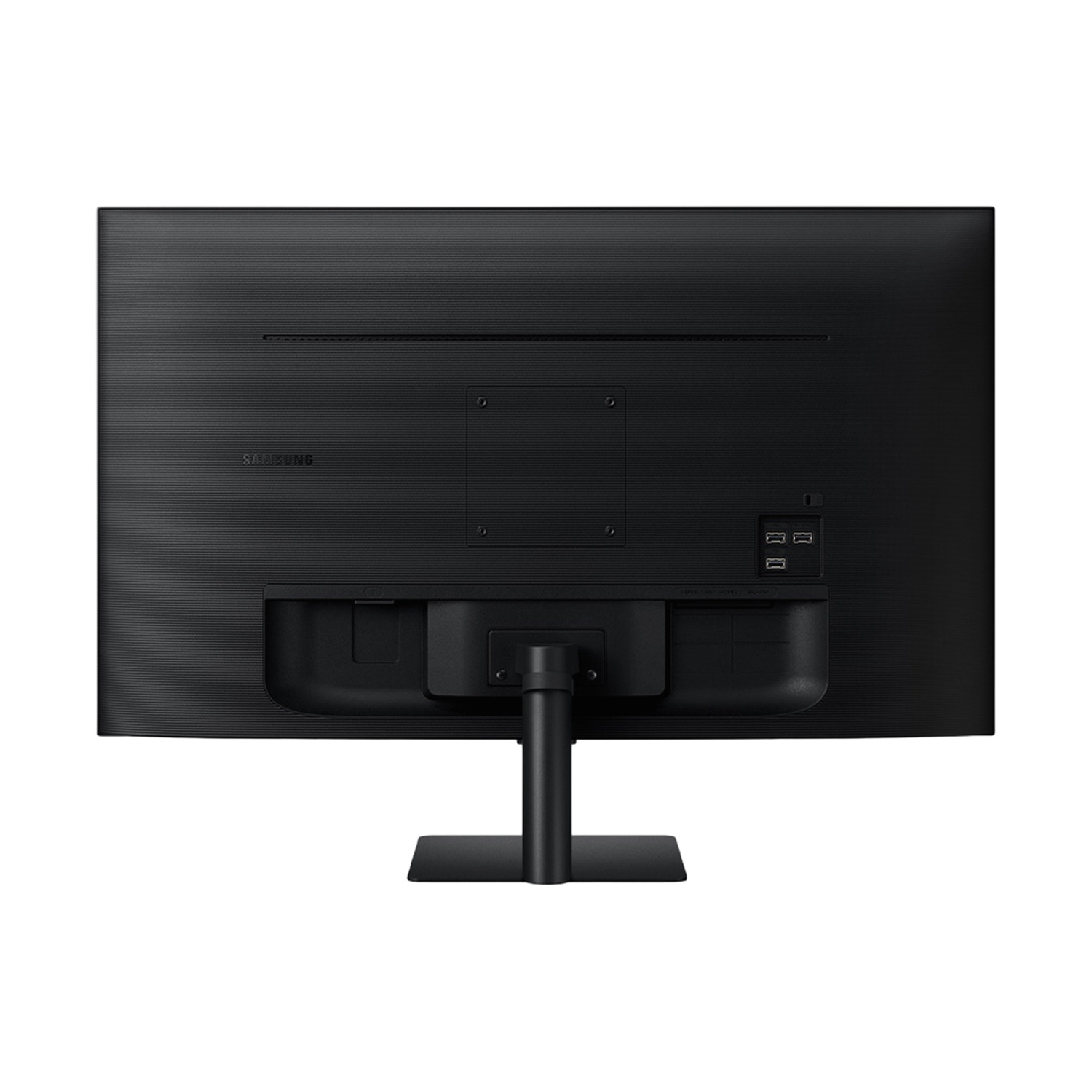 Il retro di un monitor Samsung nero. Ha un supporto, porte e il logo Samsung. Il monitor è su uno sfondo bianco.
