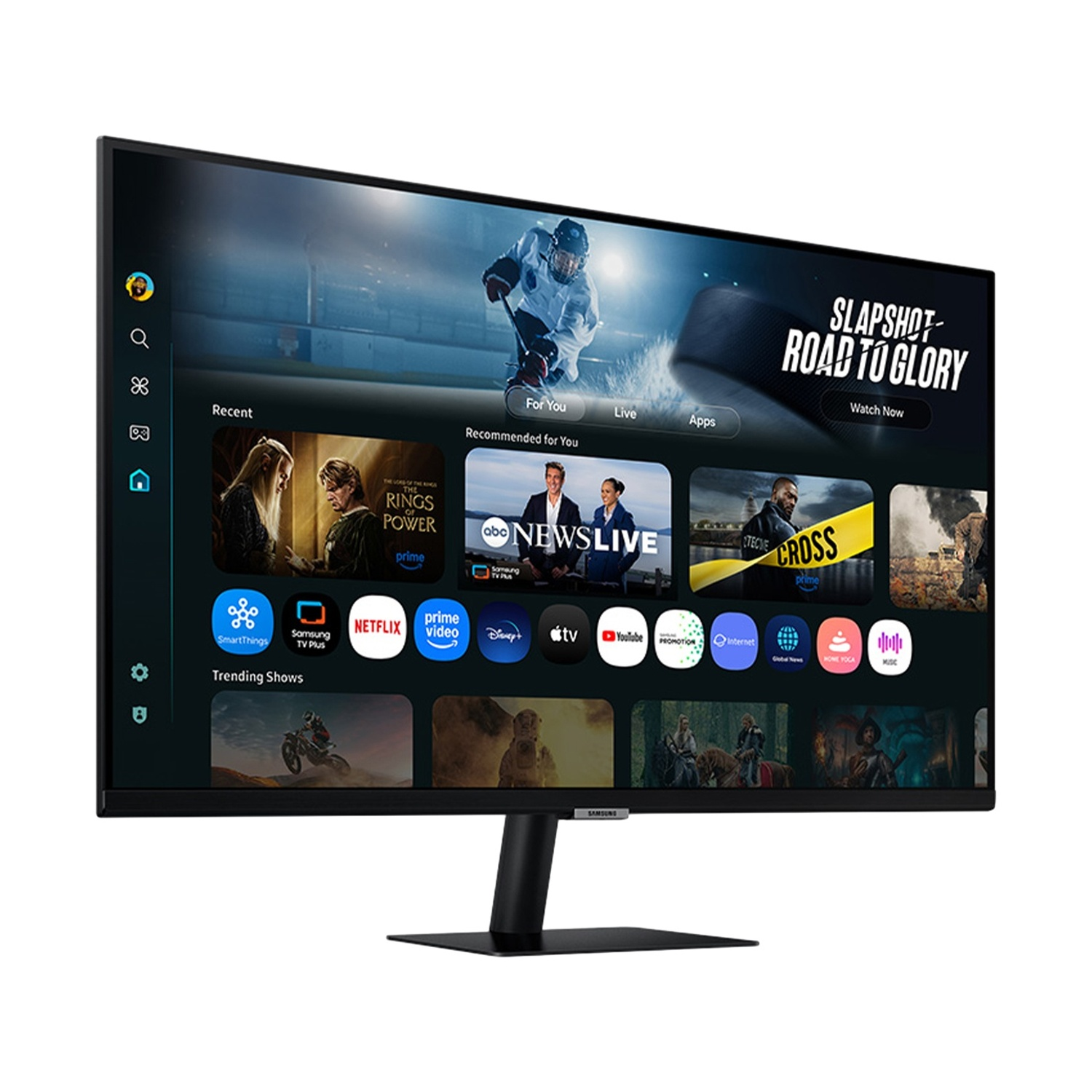 Un monitor nero mostra una partita di hockey e app. Ha un supporto nero con il logo Samsung. Mostra programmi di tendenza.