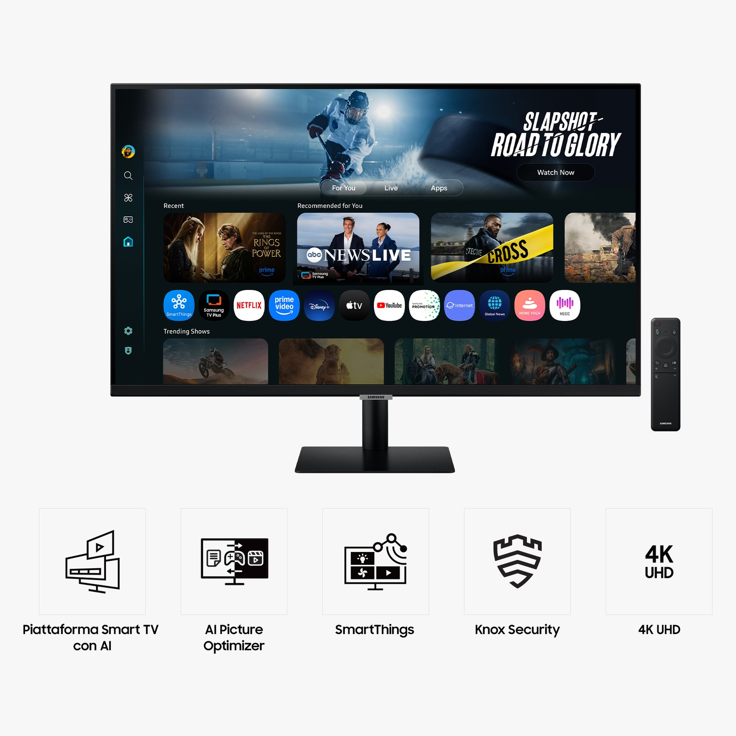 Una TV nera mostra un menu, un telecomando è sulla destra. Sotto ci sono icone per SmartThings, AI picture, Knox security e 4K UHD.