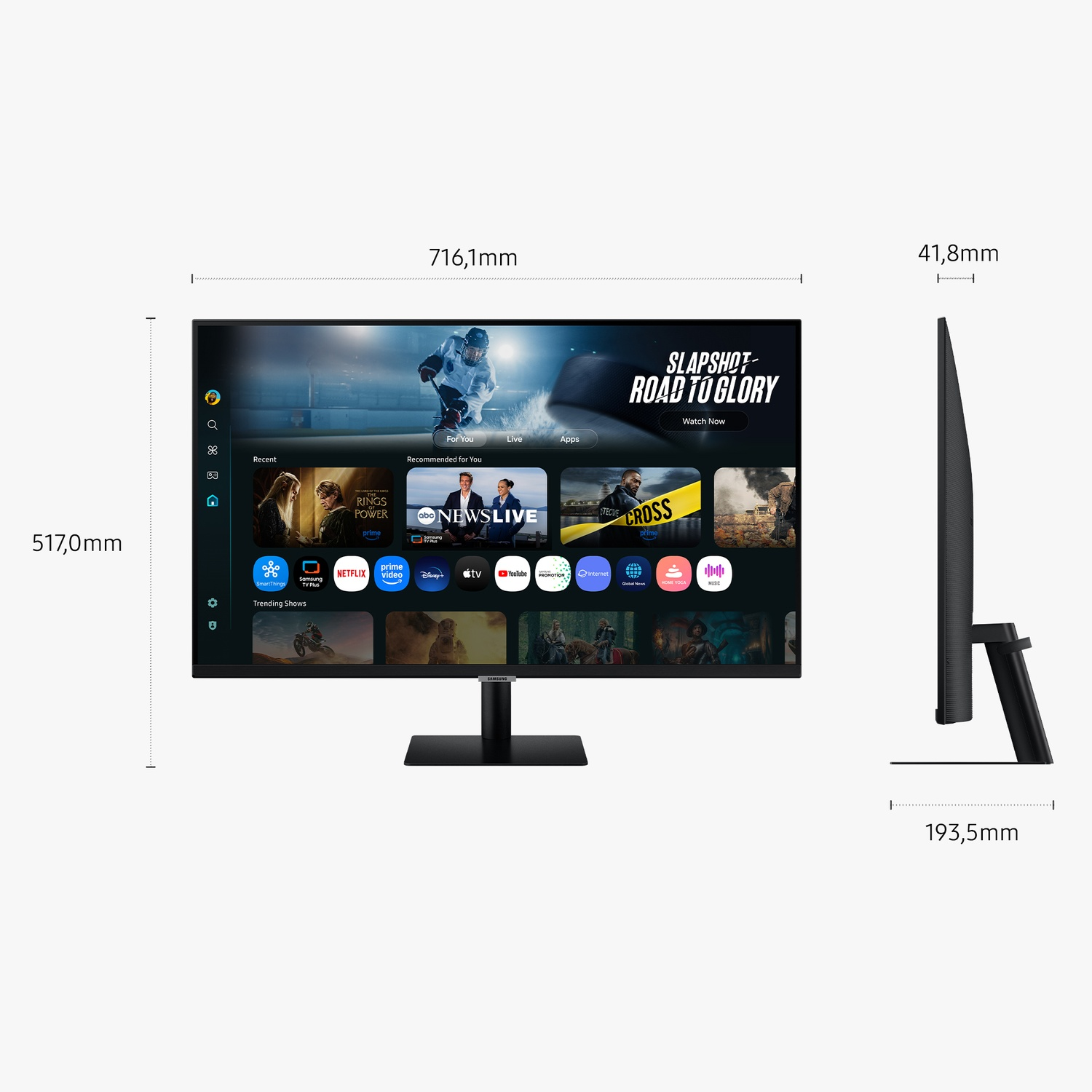 Un monitor di computer nero che mostra le opzioni del servizio di streaming. Il monitor è su un supporto e sono indicate le dimensioni.