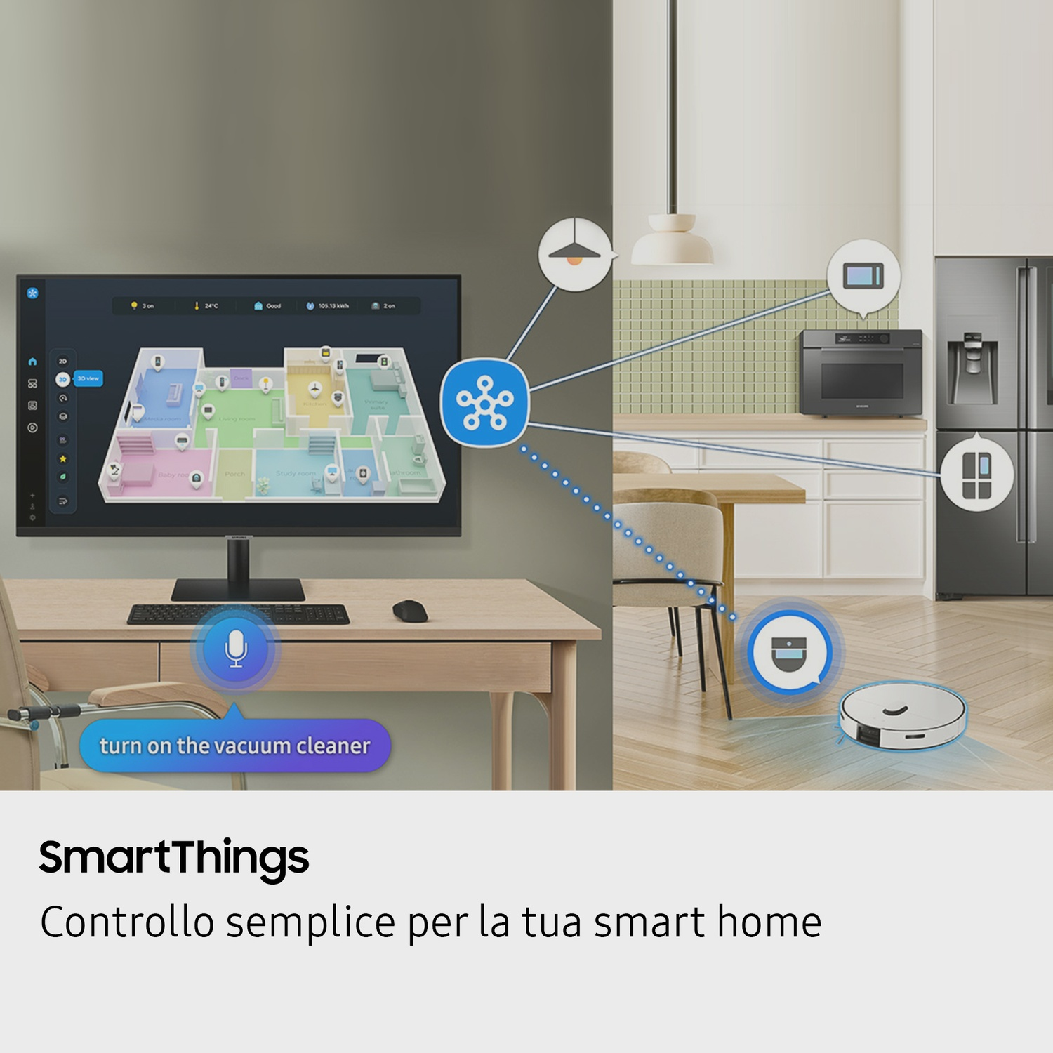Un'interfaccia di controllo della casa intelligente è visualizzata su un monitor. Un robot aspirapolvere è sul pavimento. Elettrodomestici in cucina sullo sfondo.
