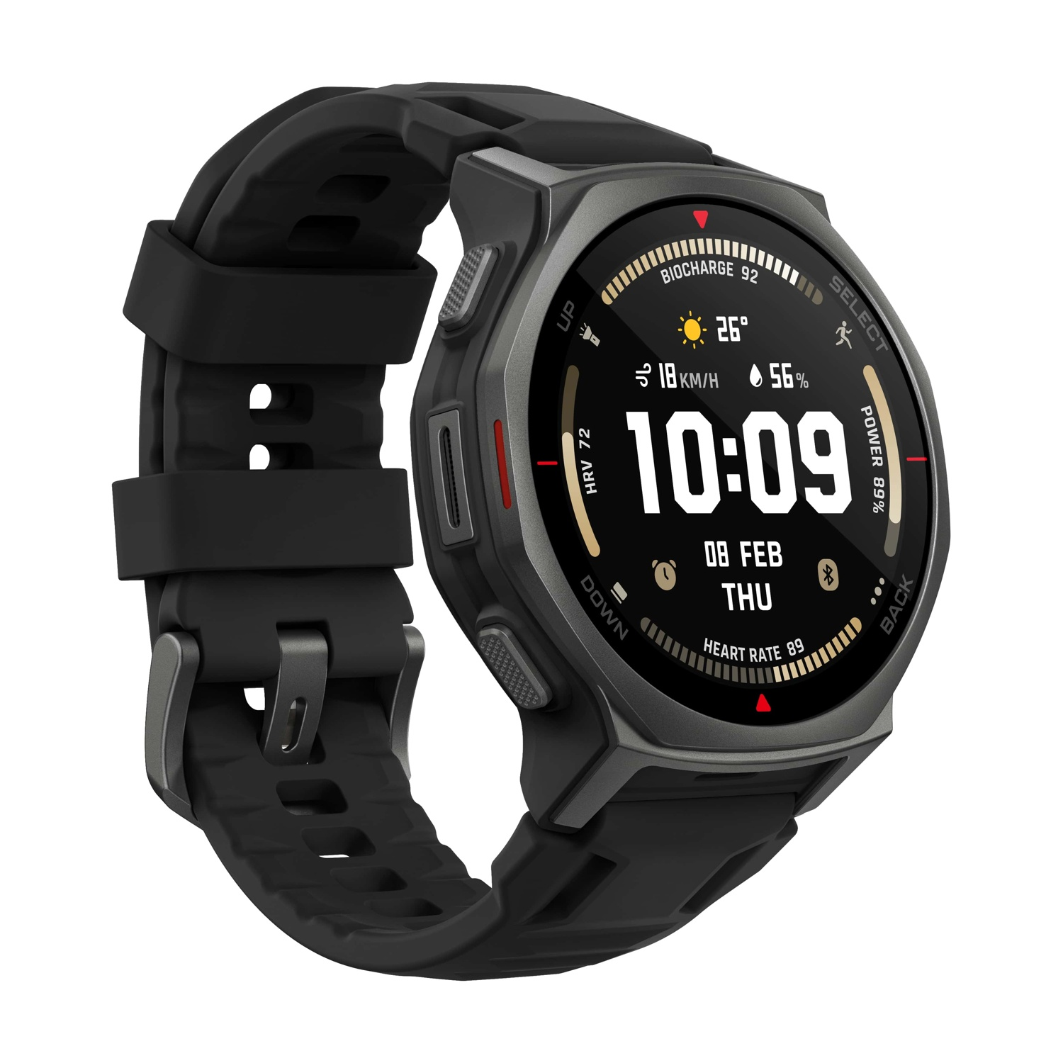 Uno smartwatch nero mostra l'ora 10:09, la data 08 FEB THU, la frequenza cardiaca 89 e altre metriche di salute. Il cinturino è nero.