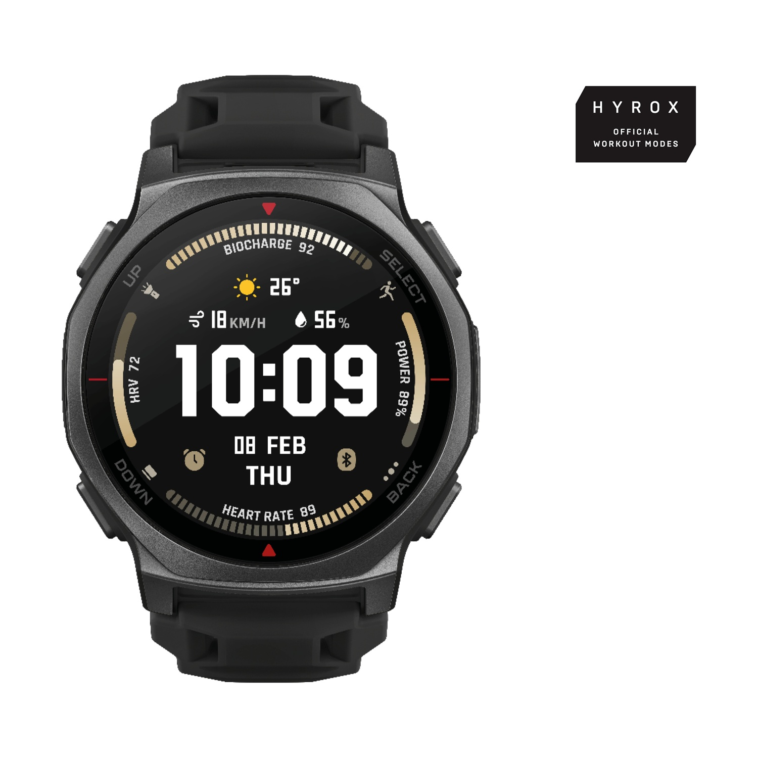 Uno smartwatch nero mostra ora, data e metriche di salute, con il logo HYROX in alto a destra.