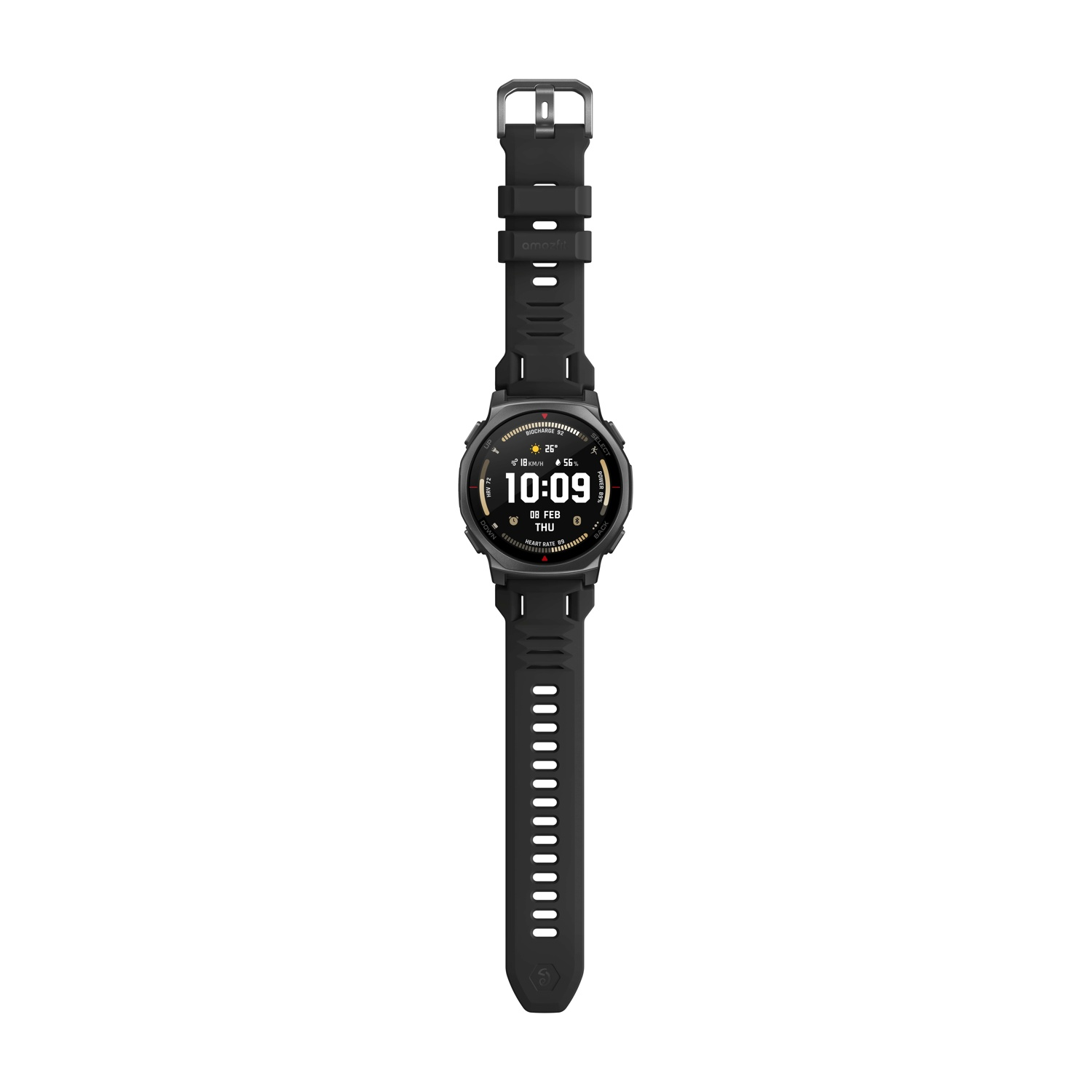 Smartwatch Amazfit nero. Visualizza l'ora 10:09, la data 08 FEB GIO e i dati meteo. Cinturino nero con fibbia, sfondo bianco.