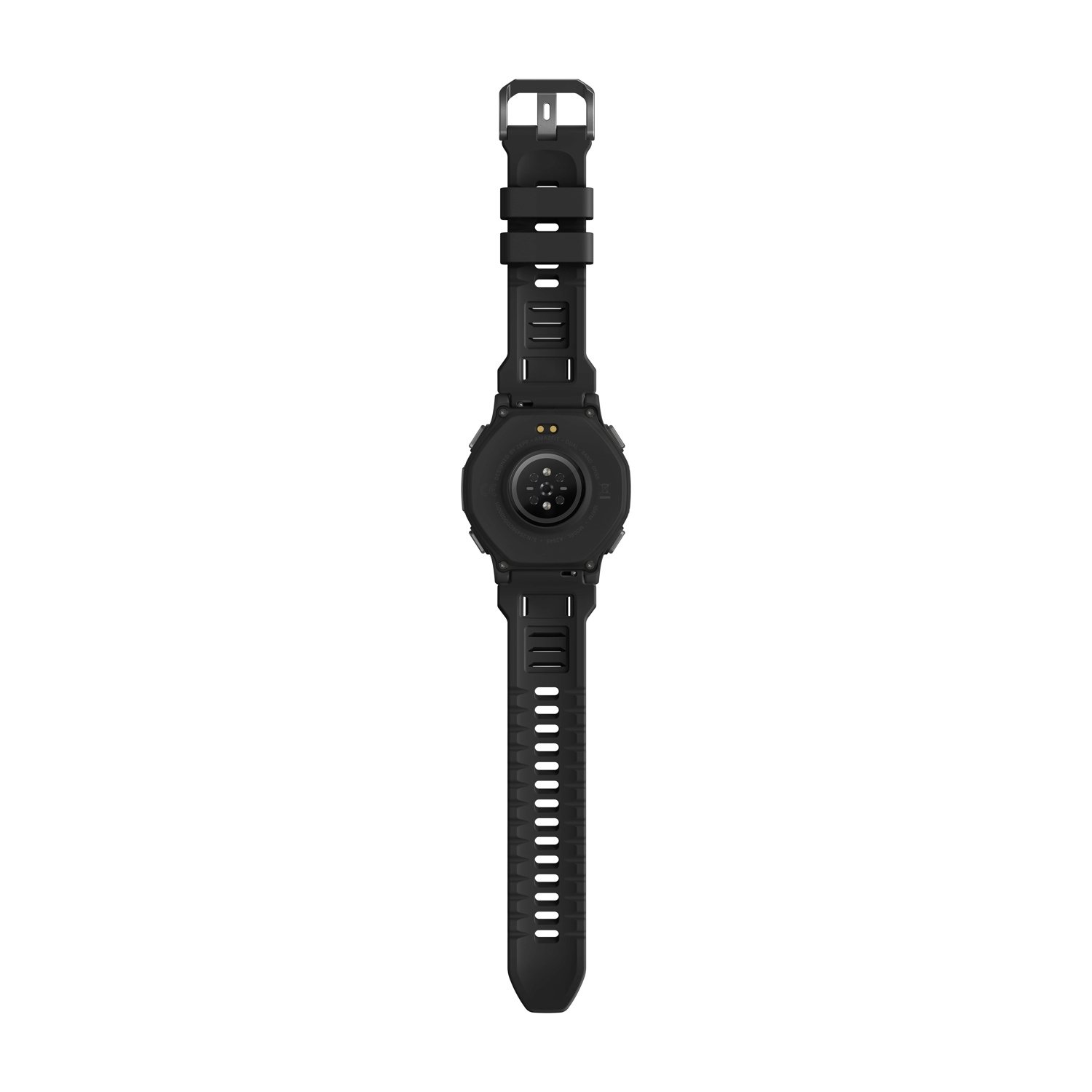Smartwatch nero, vista posteriore, su sfondo bianco. Mostra il quadrante con sensori e cinturini.