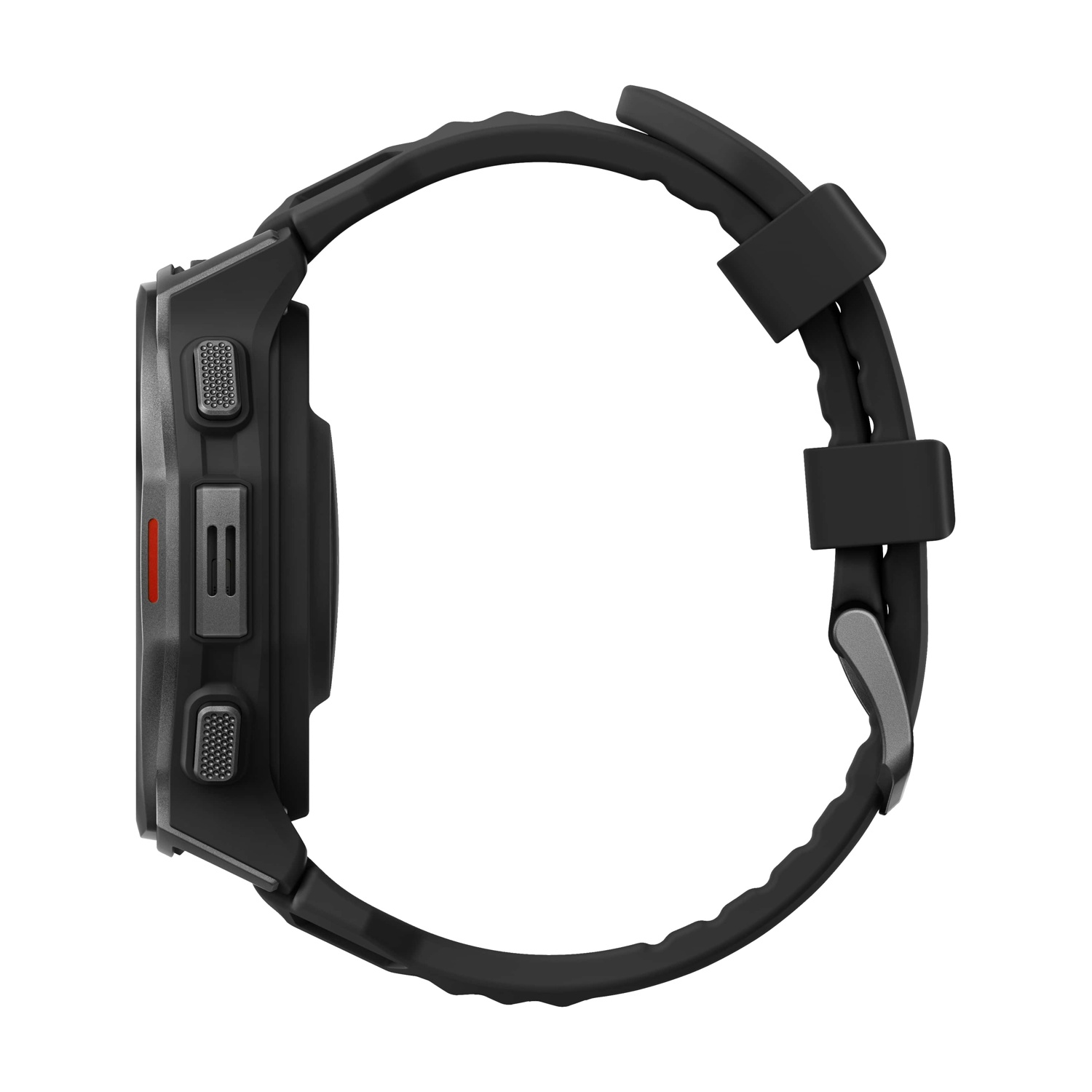 Vista laterale di uno smartwatch nero con cinturino nero. L'orologio ha pulsanti e un accento rosso.