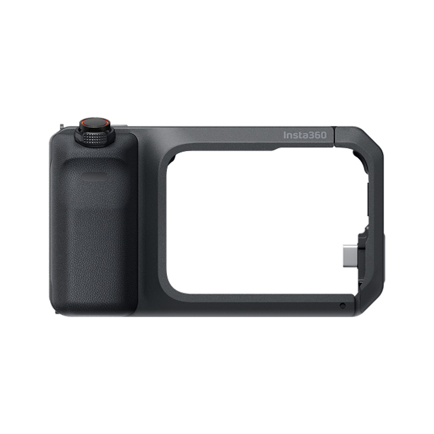 Cornice nera per fotocamera Insta360. Presenta un'impugnatura, un pulsante rosso e una porta USB-C. La cornice è aperta al centro.