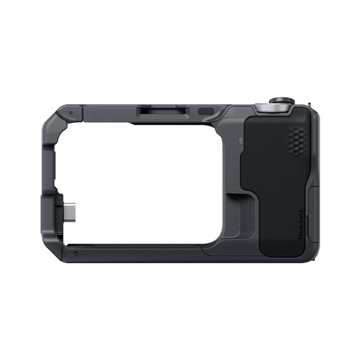 Una gabbia nera per fotocamera con apertura rettangolare. Ha un'impugnatura strutturata, un pulsante e una porta USB-C.