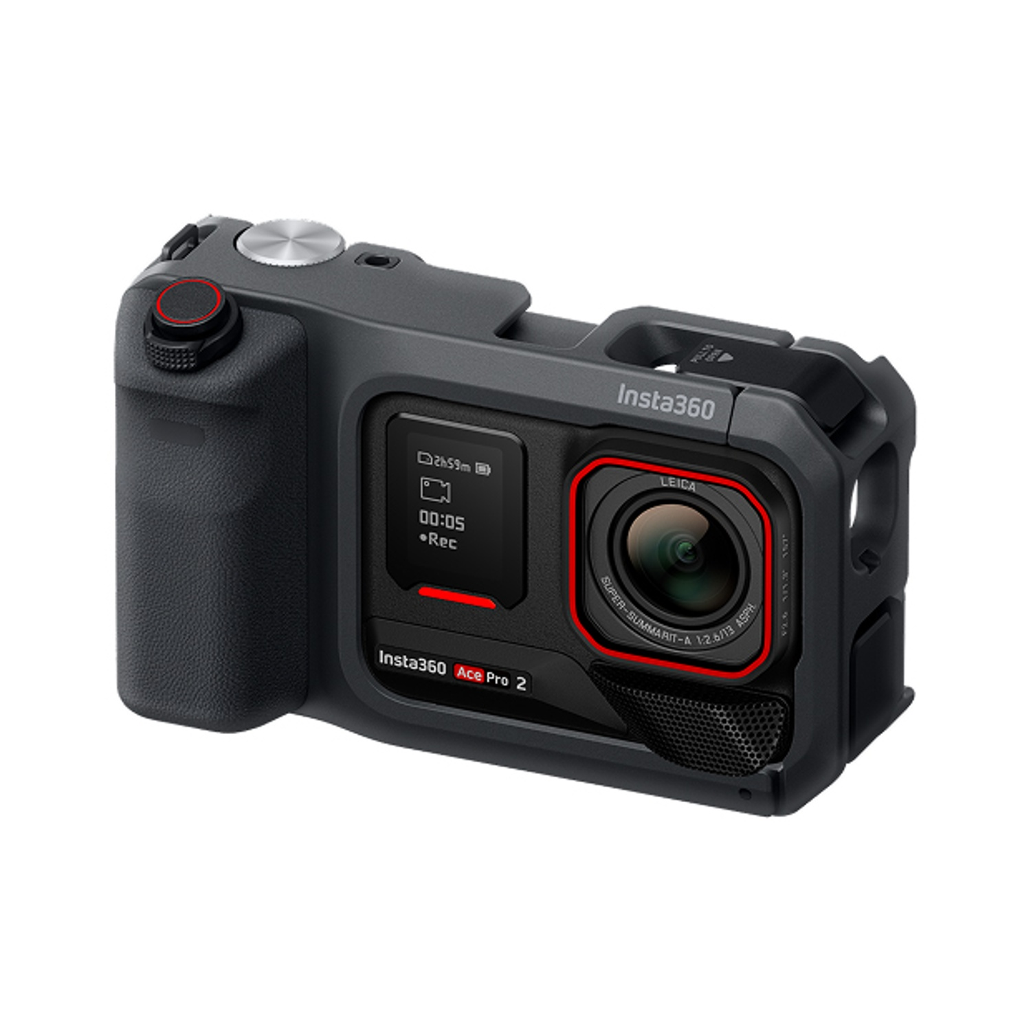 Fotocamera nera Insta360 Ace Pro 2. Presenta un obiettivo Leica, schermo con tempo di registrazione e pulsanti.