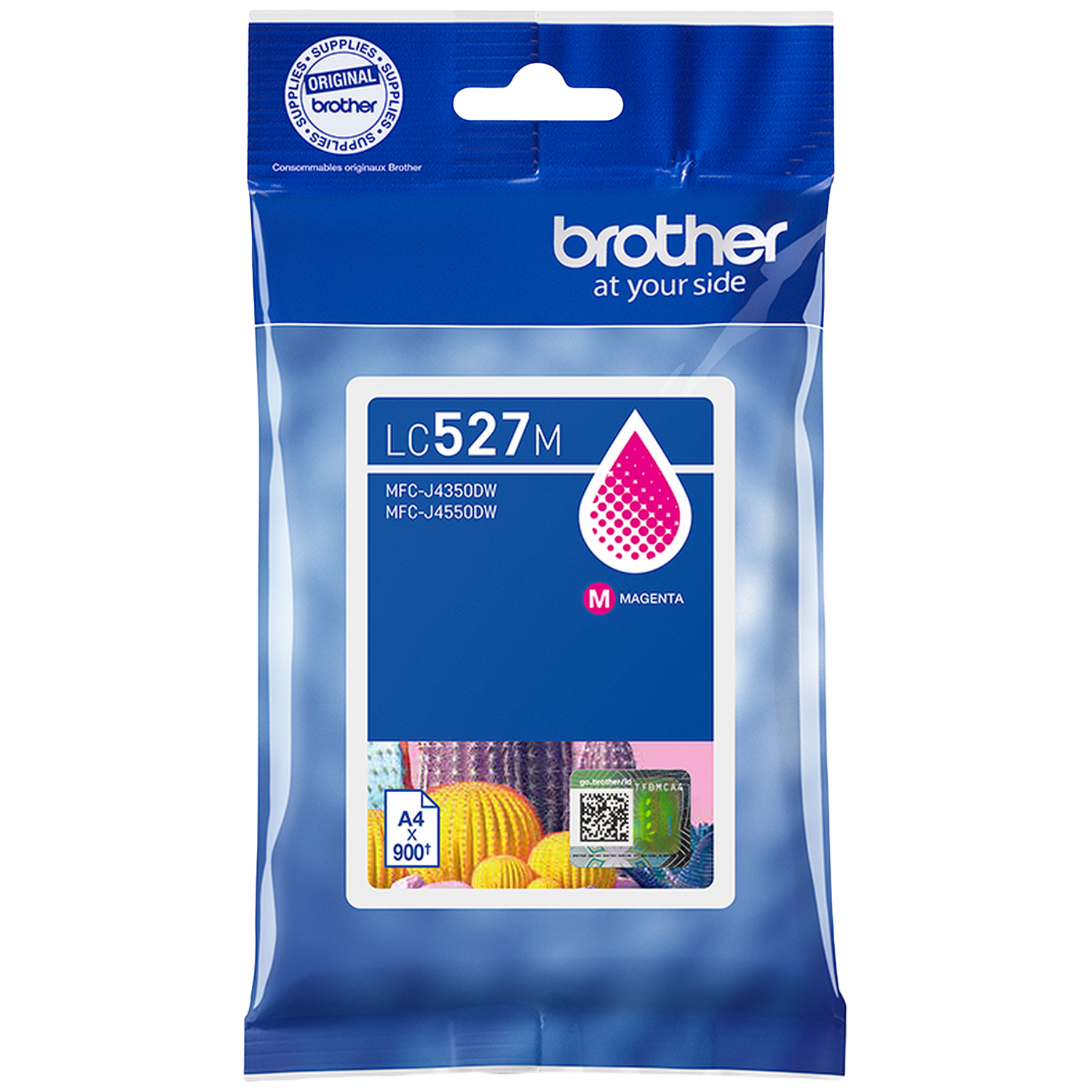 Cartouche d'encre magenta Brother LC527M. Emballage plastique bleu avec étiquette blanche et illustration de goutte d'encre magenta. Contient A4 900+.
