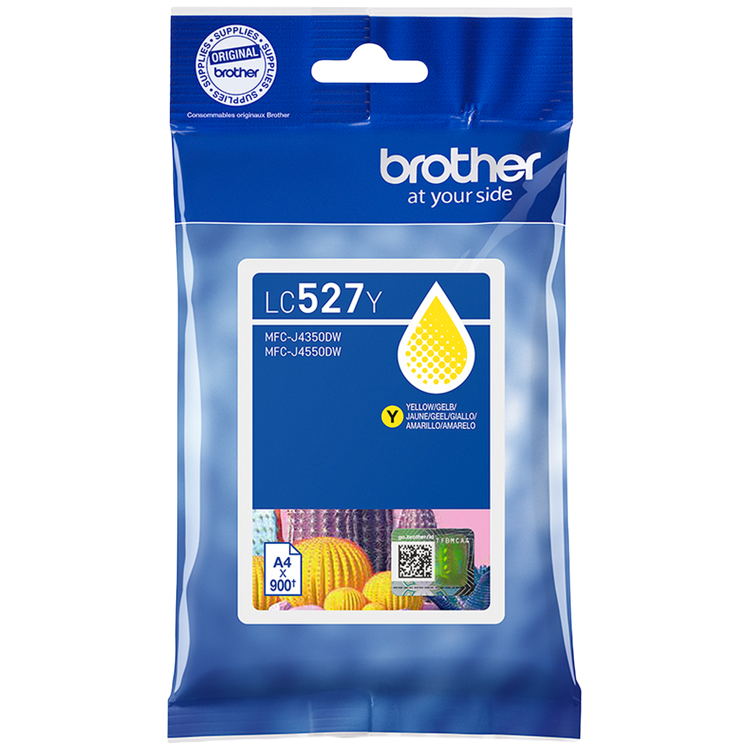 Een Brother inktcartridge verpakking. De blauwe verpakking heeft het Brother logo en productdetails. De cartridge is geel.