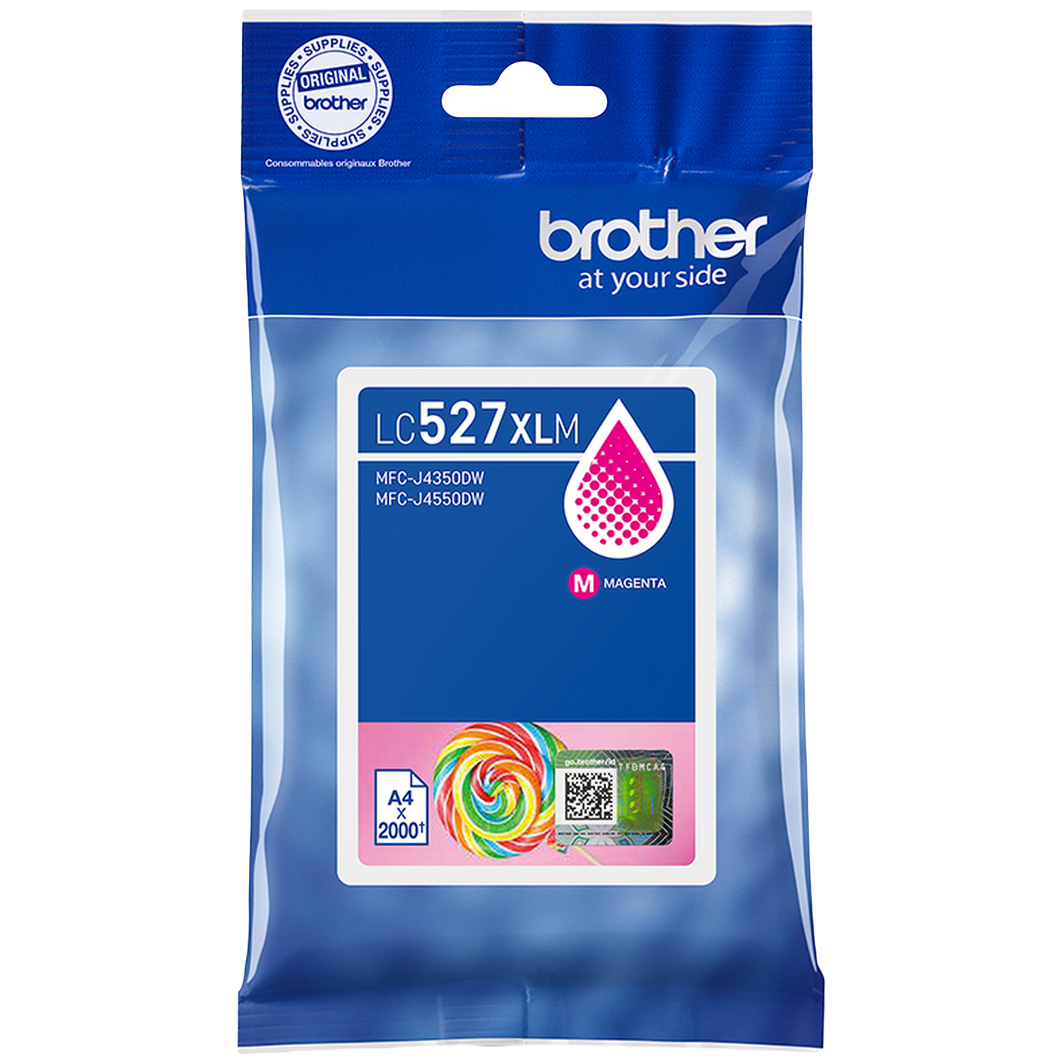 Een Brother inktcartridge in een blauwe verpakking. Bevat magenta inkt. Met een lolly-afbeelding en productdetails.