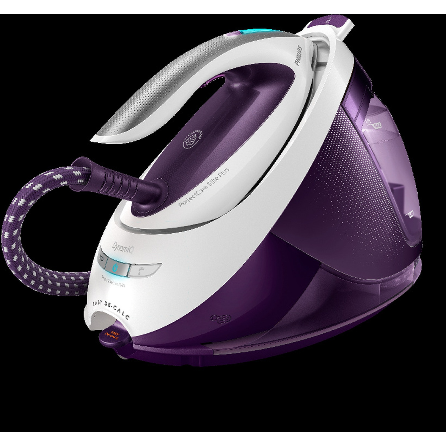 A white and purple Philips iron with a water tank. It has a handle and a hose. The iron is on a black background.