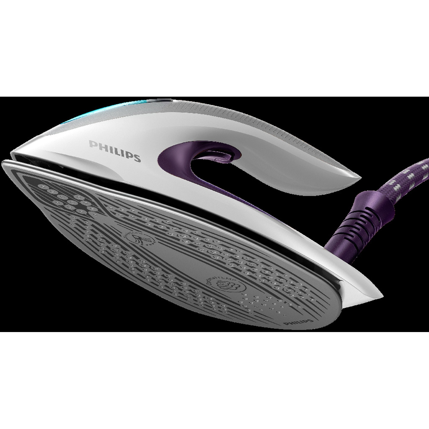 A Philips iron, white and silver with a purple handle and cord, lies on a black background, with the soleplate facing forward.
