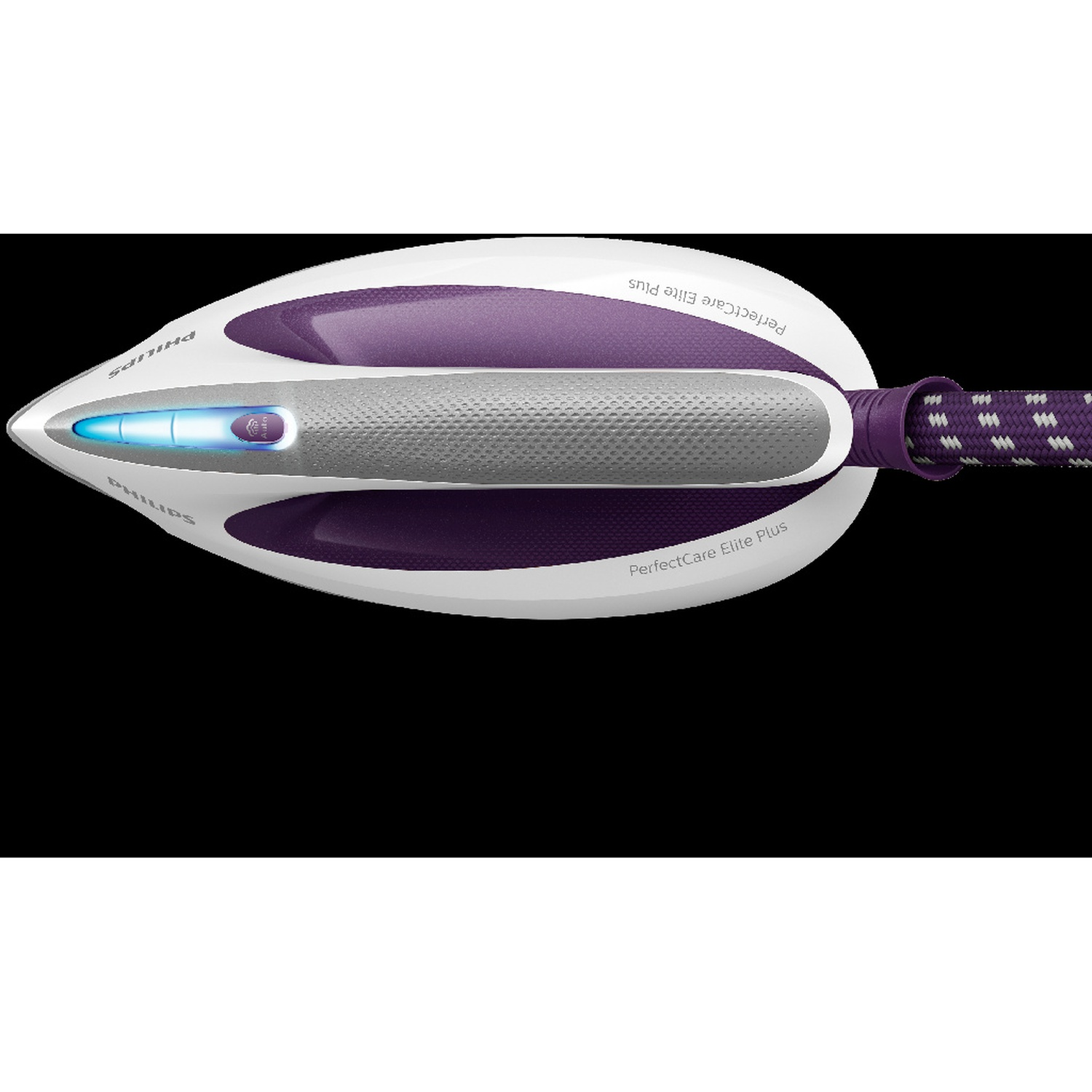 A white and purple Philips PerfectCare Elite Plus iron. It has a blue light and a patterned cord. The background is black.