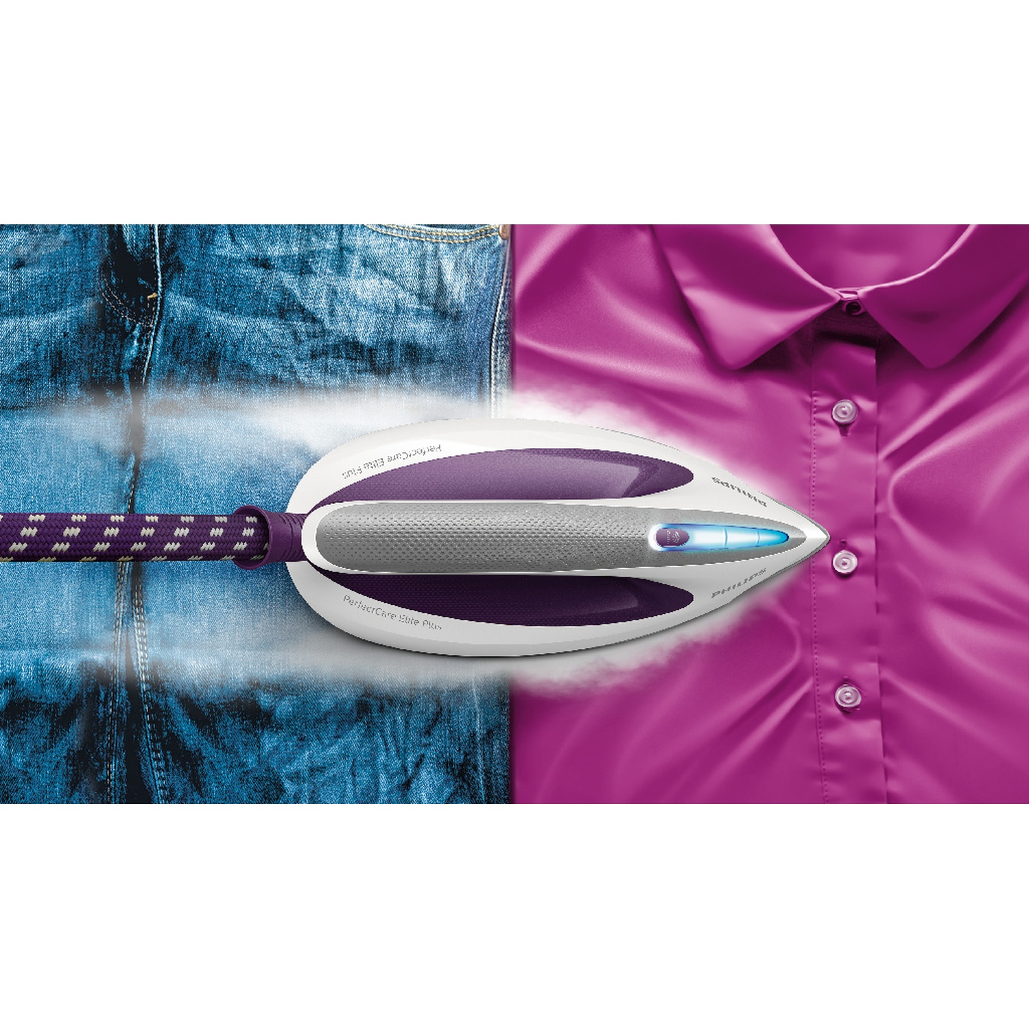 An iron steaming a blue jeans and a pink shirt. The iron is white and purple. Steam is coming out of the iron.