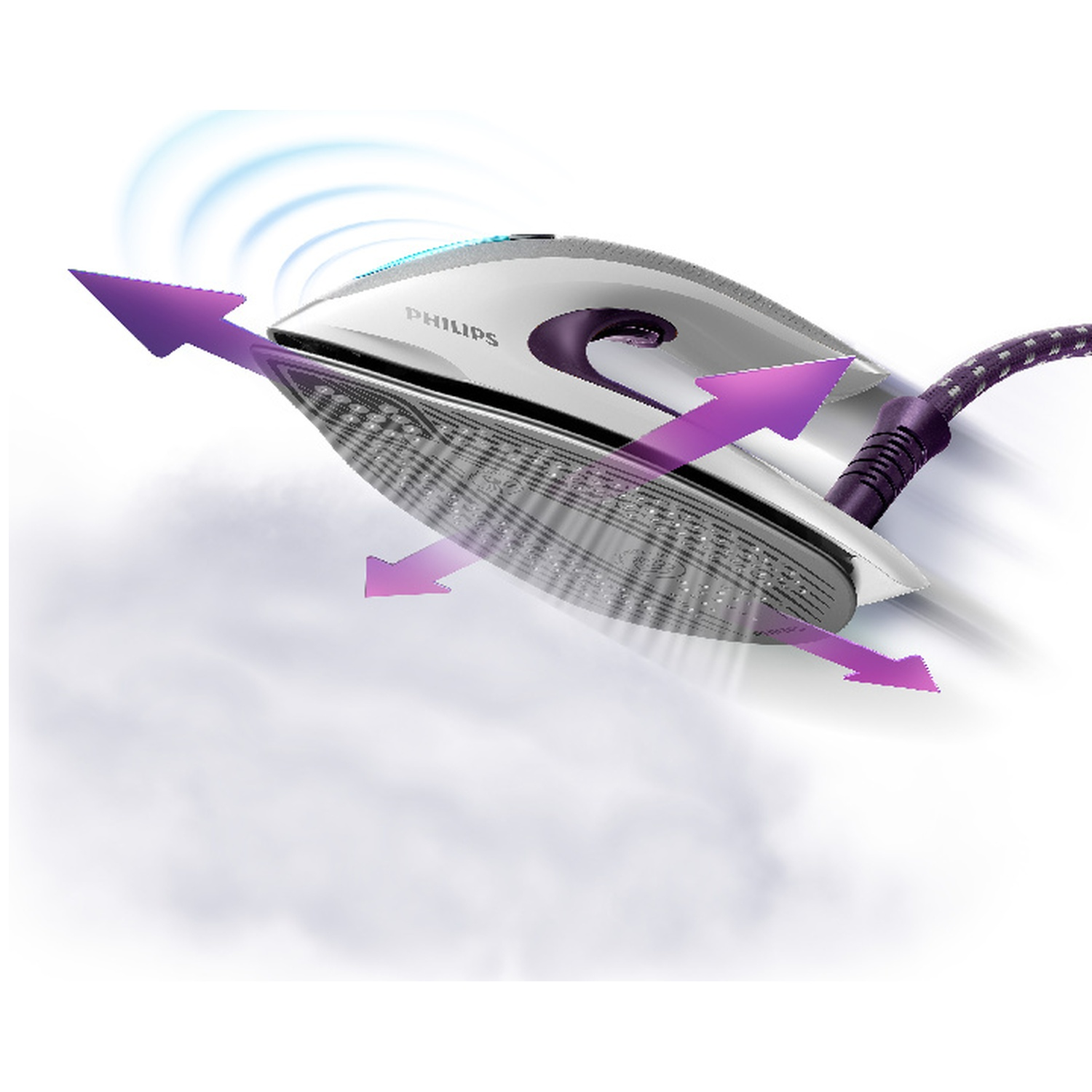 A Philips iron, silver and purple, with steam and purple arrows indicating direction. The iron is on a white background.