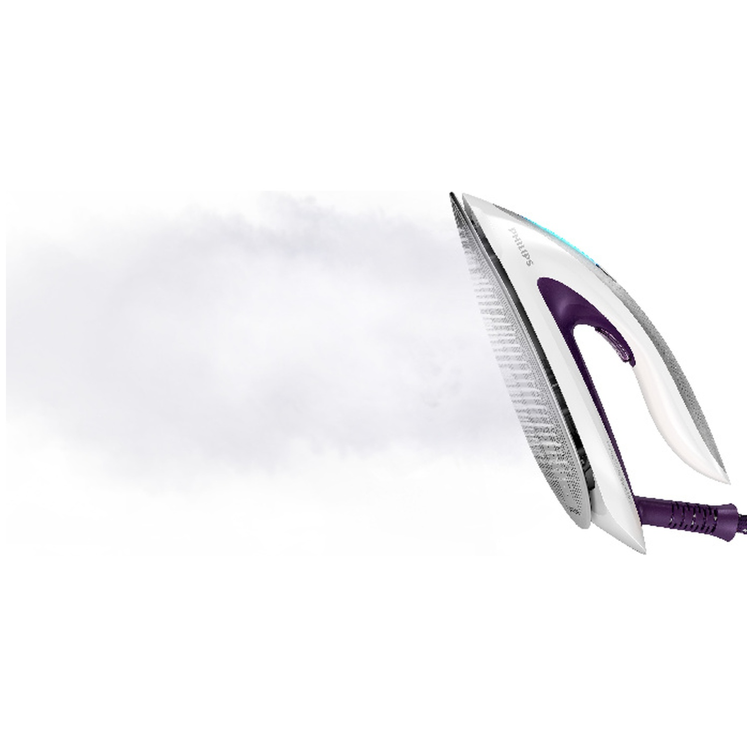 A white and purple Philips iron steaming. Steam is on the left. White background.