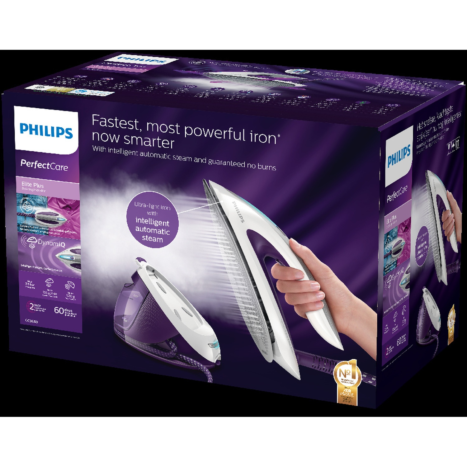 Box of Philips PerfectCare iron. The iron is white and purple, held by a hand. Text: Fastest, most powerful iron now smarter.