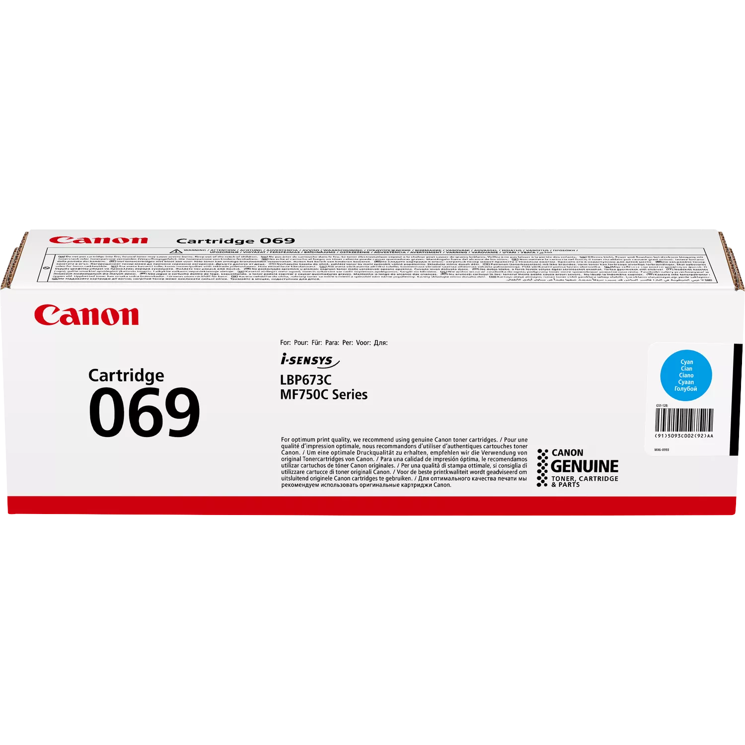 Canon cartridge doos. Rood Canon logo en tekst. Cyaan tonercartridge symbool rechts.