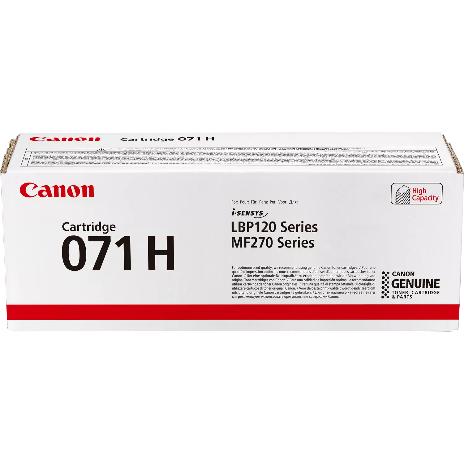 Une boîte de cartouche Canon. La boîte est blanche avec du texte rouge et noir. Il est écrit 'Cartridge 071 H' et 'Canon Genuine'.