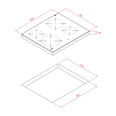 Dibujo isométrico de una placa de cocina con dimensiones. Se ven cuatro quemadores. Debajo hay una bandeja con dimensiones.