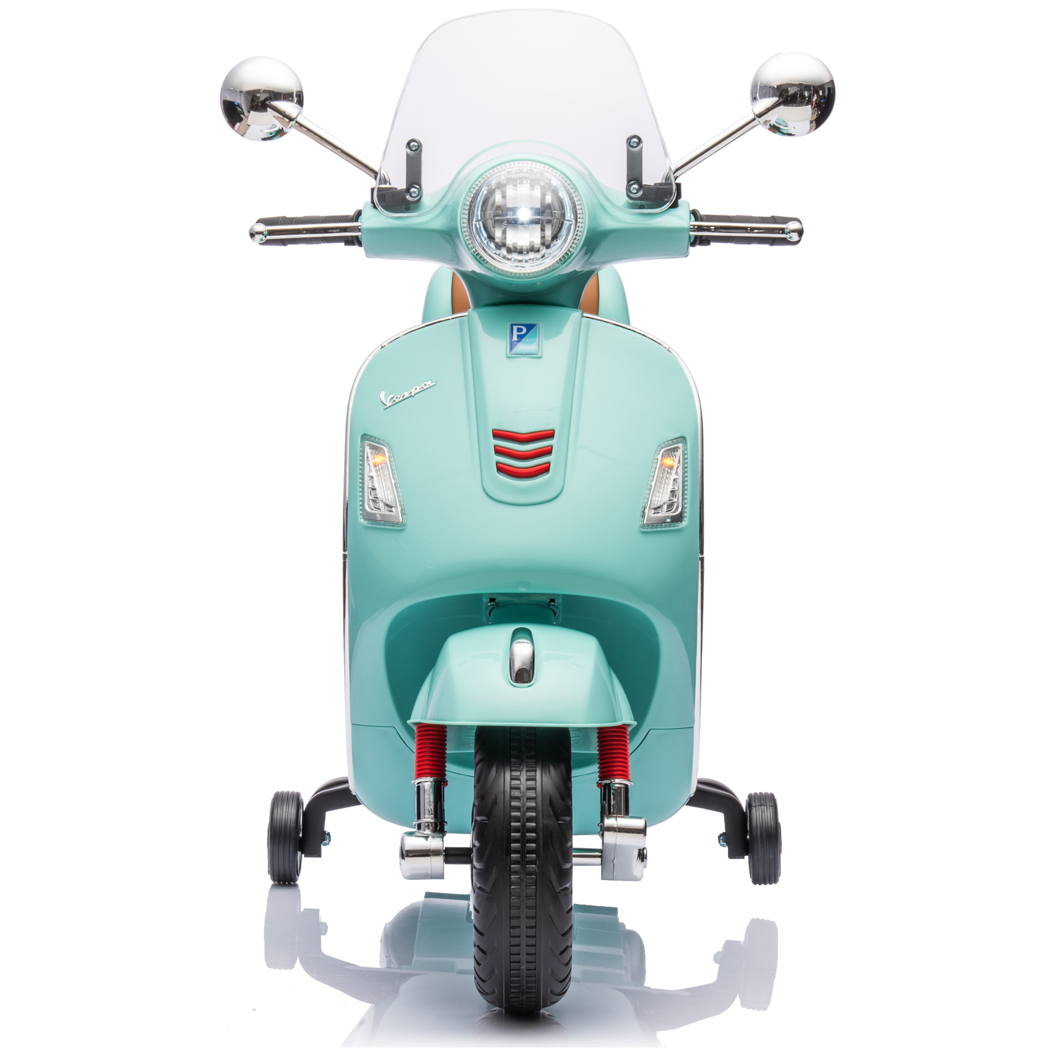 A teal Vespa scooter with a windshield and training wheels, facing forward. Chrome mirrors and red accents are visible.