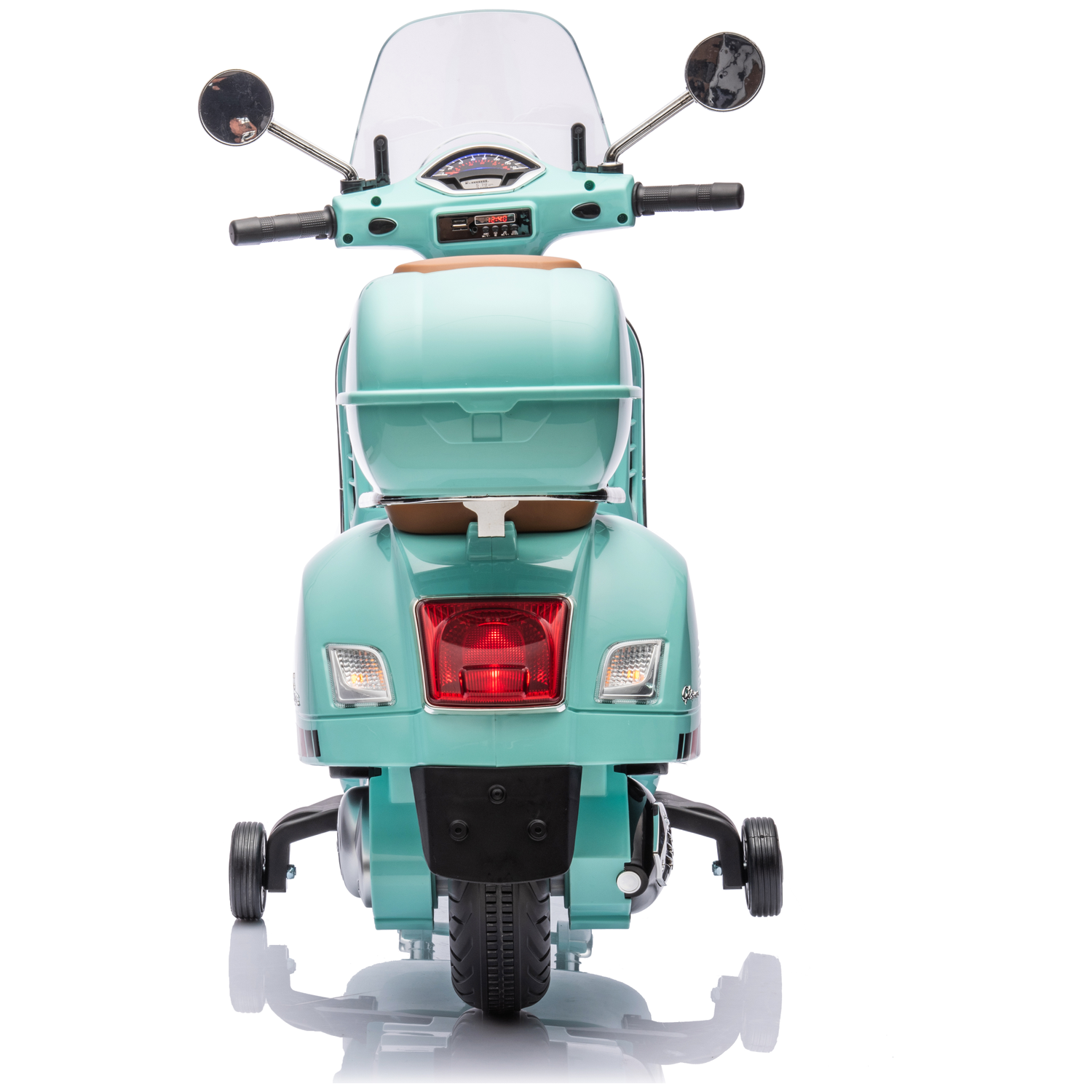 A teal child's scooter is centered on a white background. It has a windshield, mirrors, and training wheels for stability.