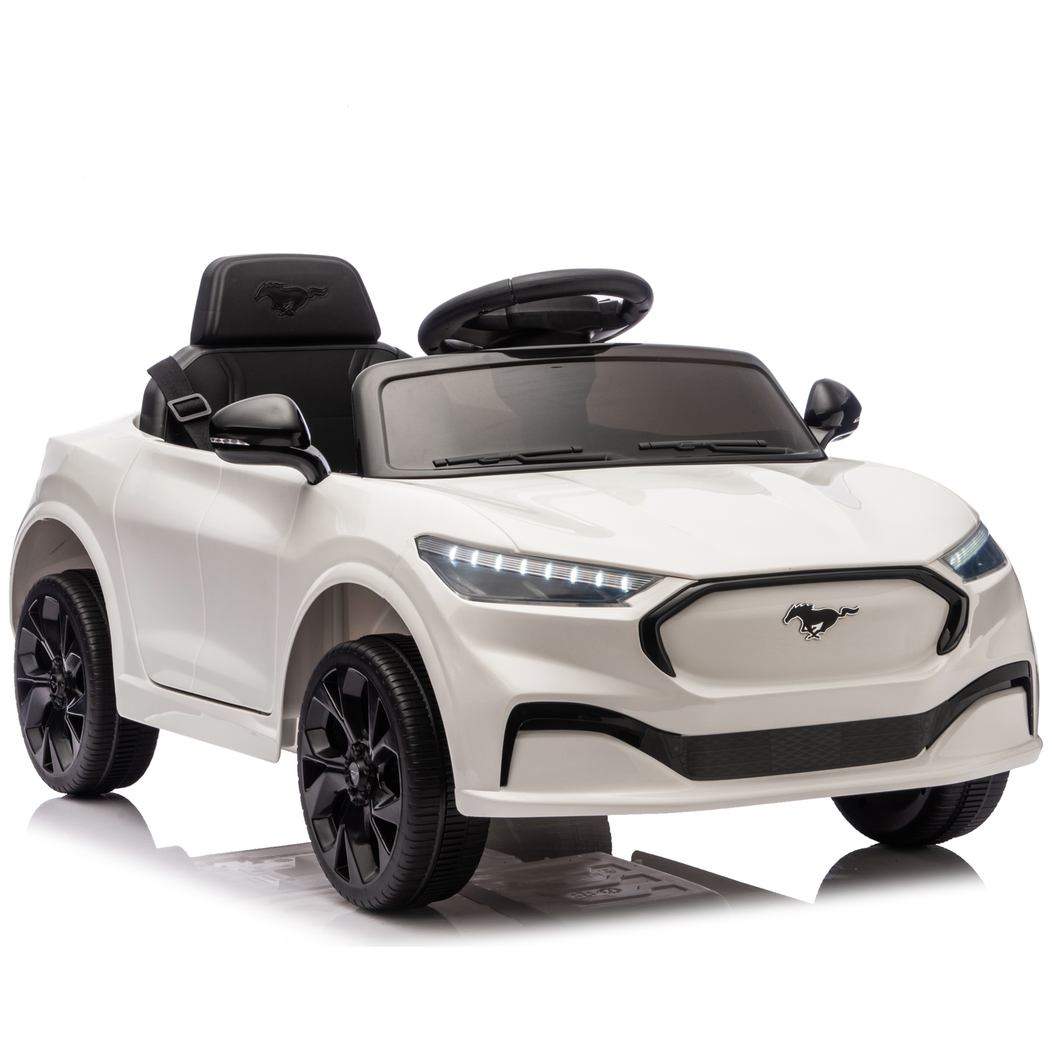 A white toy car with black wheels and a black interior. It has a Mustang logo on the front and is on a white background.