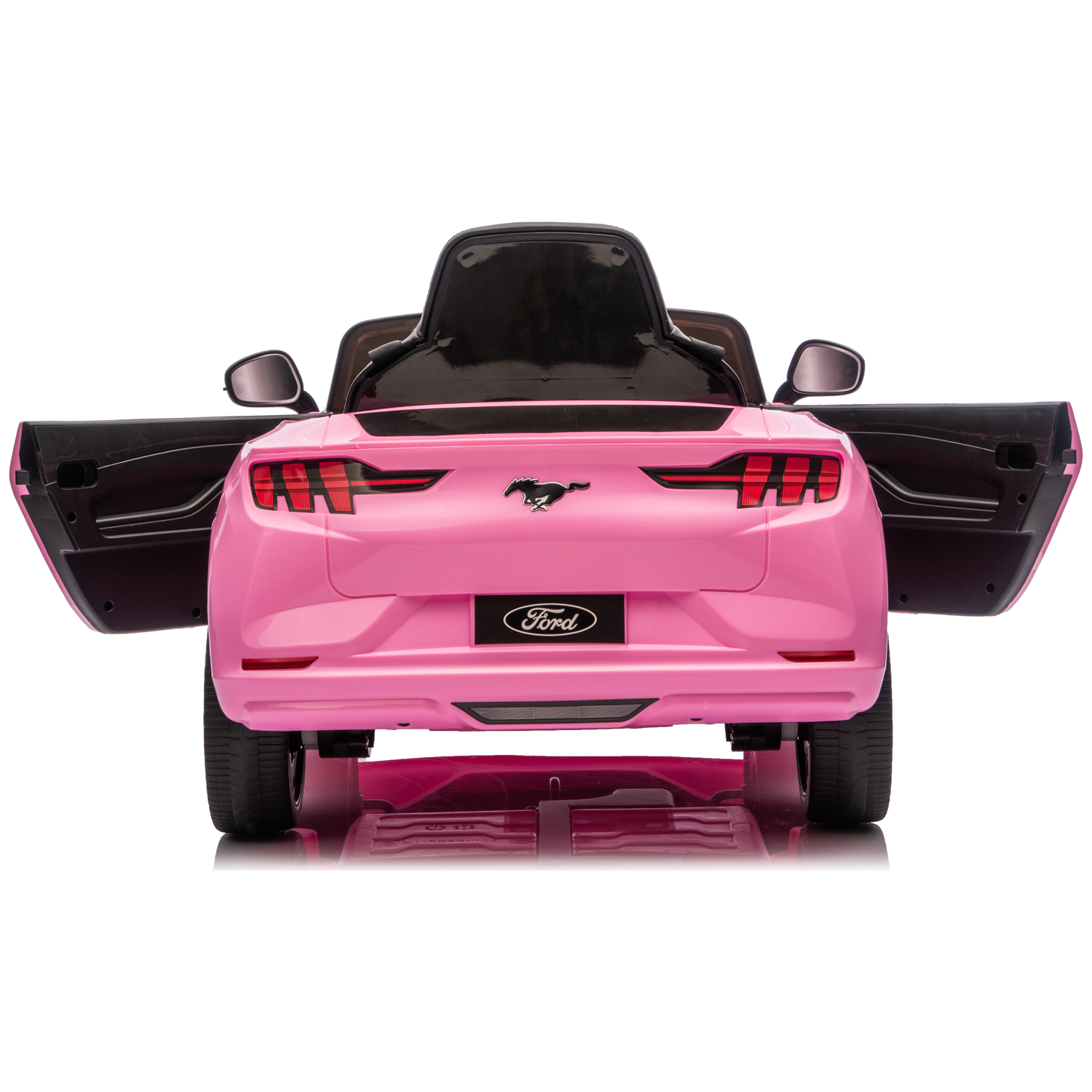 Een roze Ford Mustang speelgoedauto met open deuren, achteraanzicht. Zwart interieur, zijspiegels en een zwart paardenlogo.